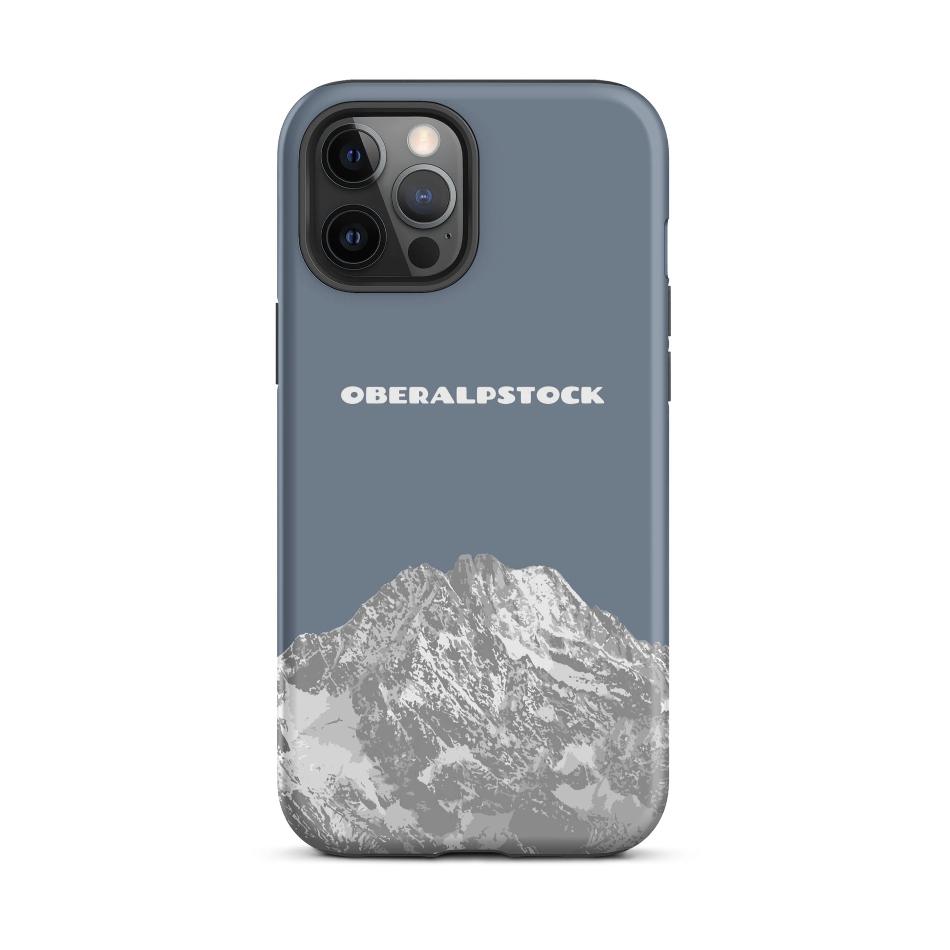 Schiefergraue iPhone 12 Pro Max Hülle mit Oberalpstock-Design aus Graubünden.