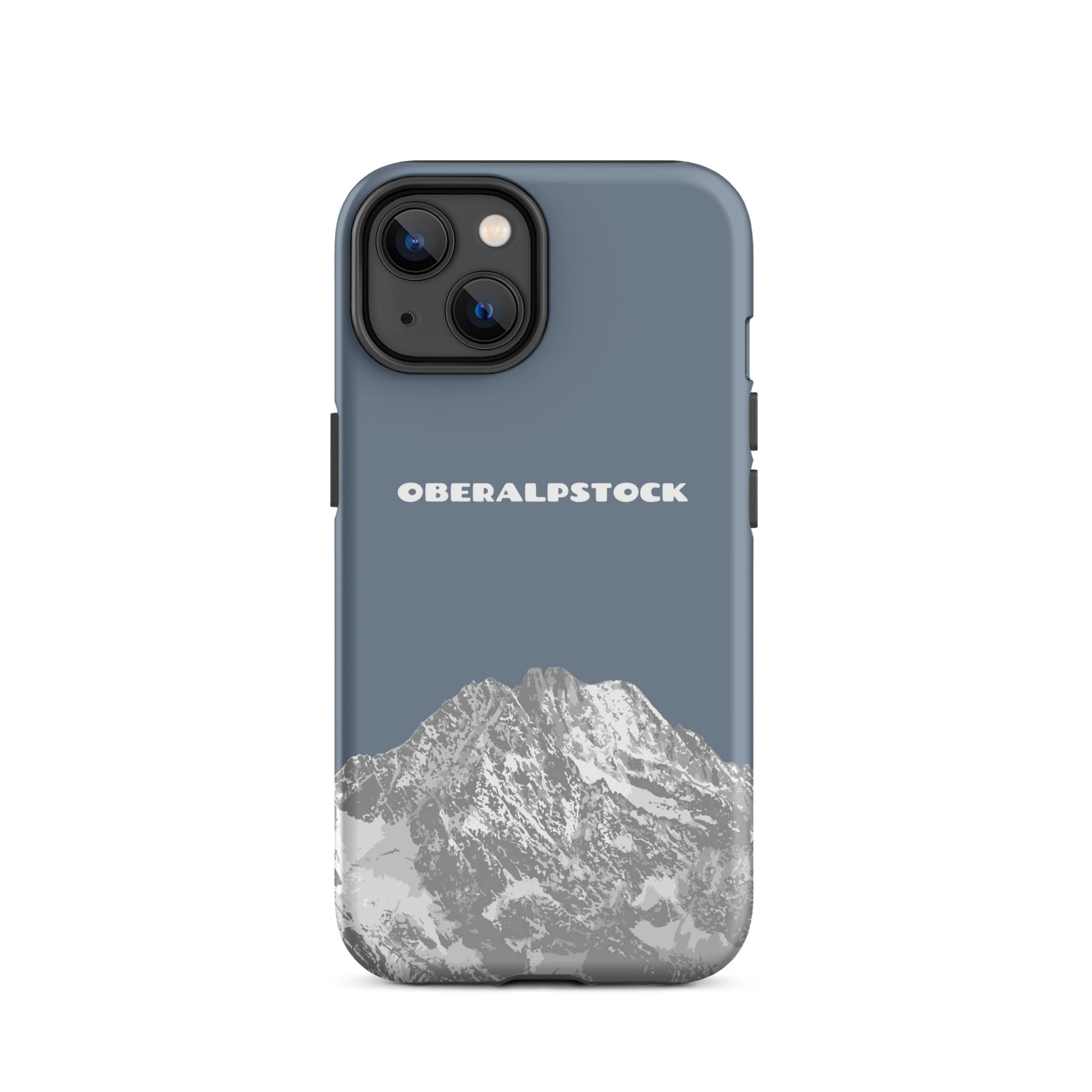Schiefergraue iPhone 14 Hülle mit Oberalpstock-Motiv aus Graubünden, robustes Design.
