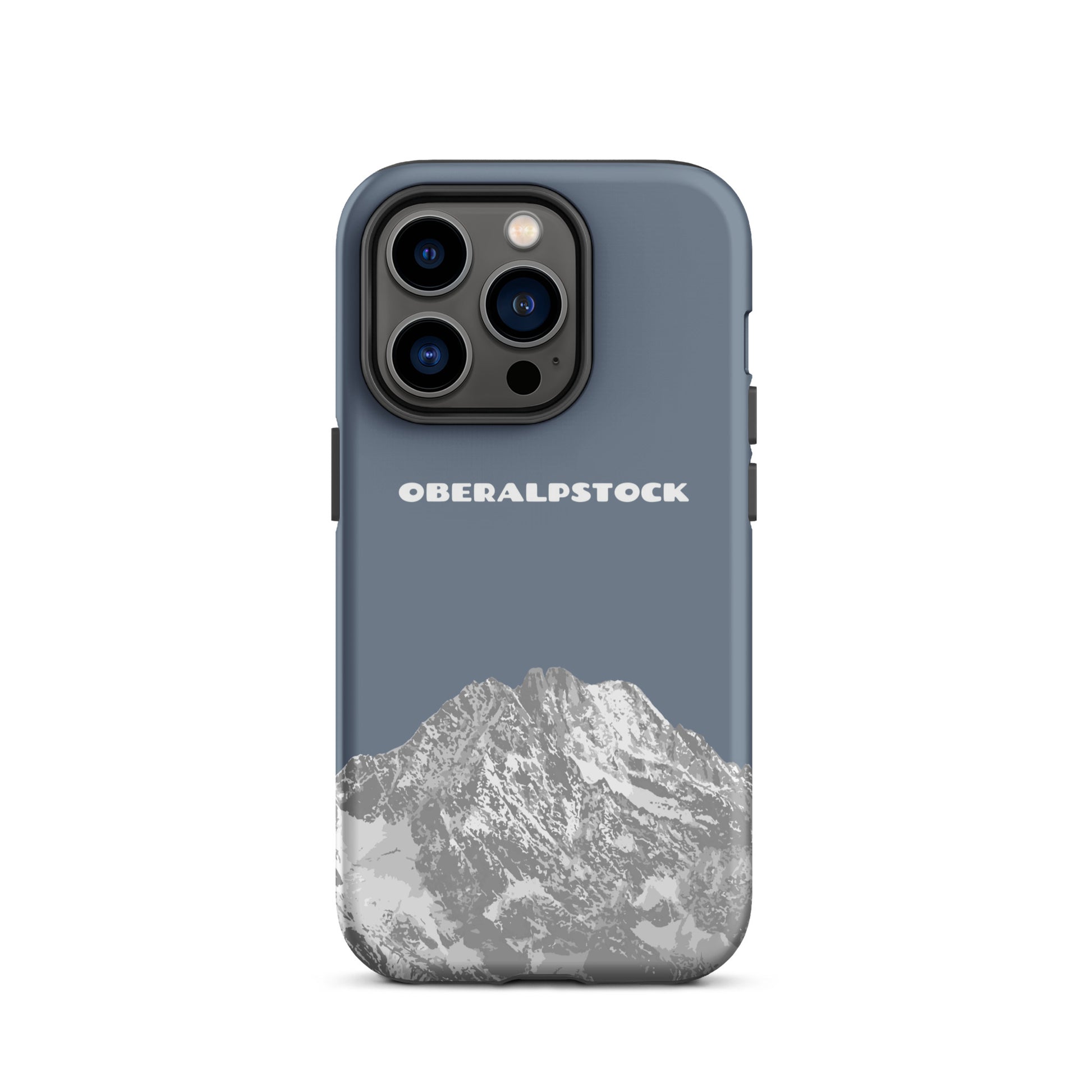 Schiefergraue iPhone 14 Pro Handyhülle mit Oberalpstock-Motiv aus Graubünden, Schweiz.