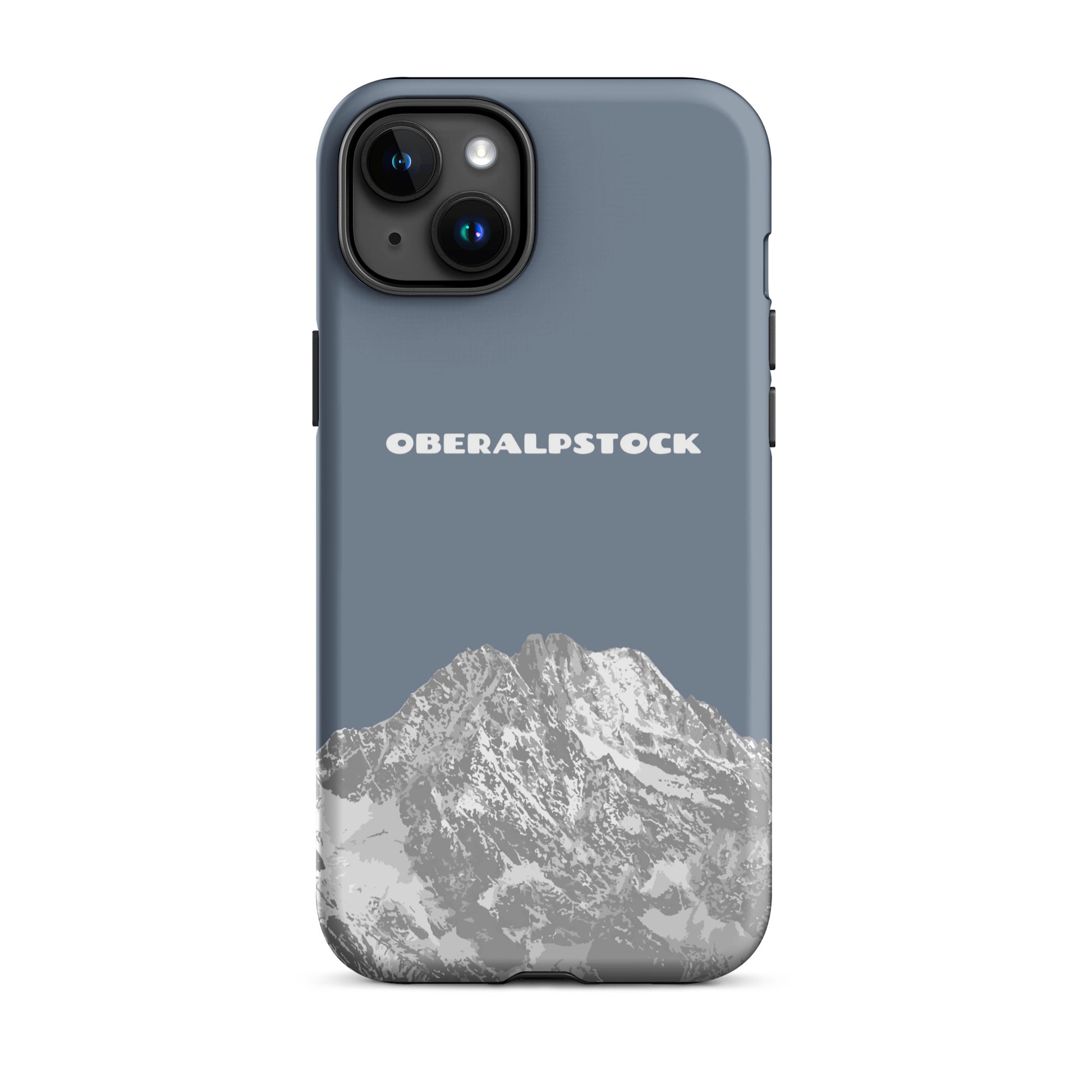 Schiefergraue iPhone 15 Plus Hülle mit Oberalpstock-Motiv aus Graubünden, Schweiz
