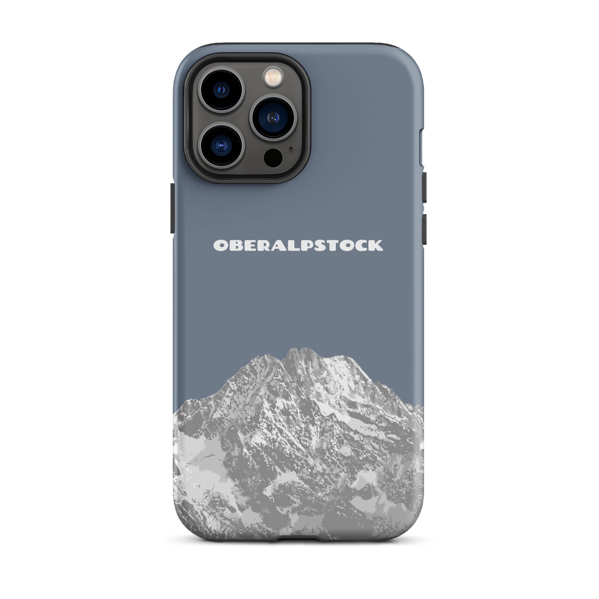 Schiefergraue iPhone 13 Pro Max Hülle mit Oberalpstock-Motiv aus Graubünden