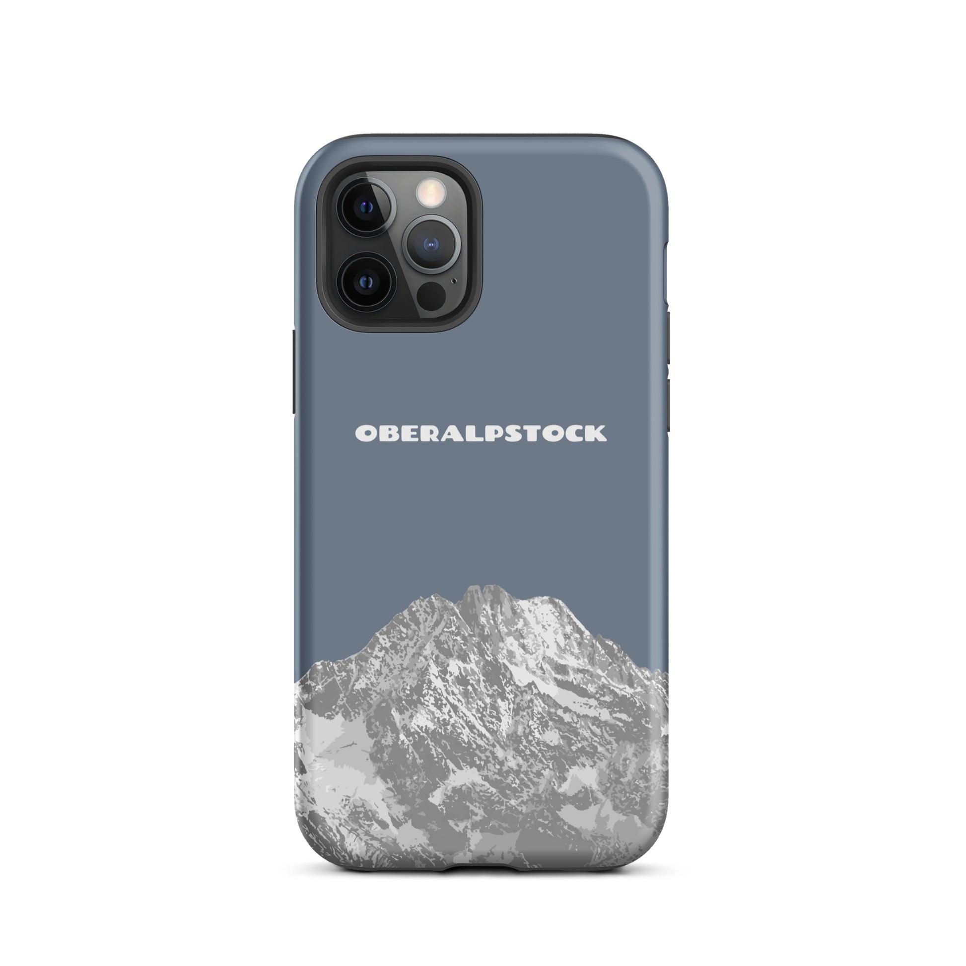 Schiefergraue iPhone 12 Pro Hülle mit Oberalpstock-Motiv aus Graubünden, robustes Design.