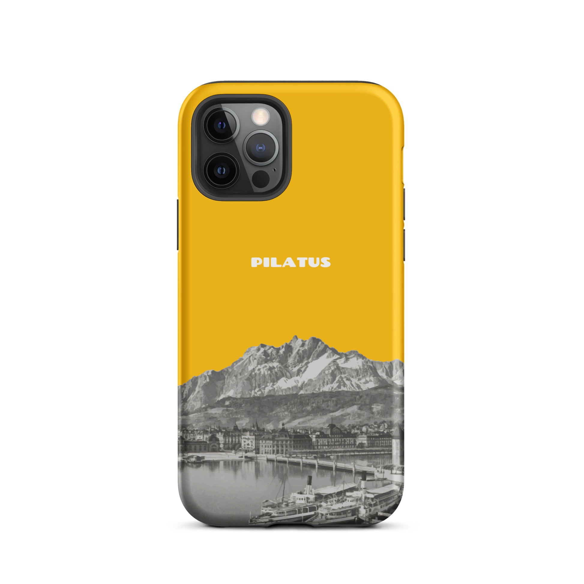 Goldgelbe iPhone 12 Pro Handyhülle mit Pilatus Motiv aus robustem Kunststoff