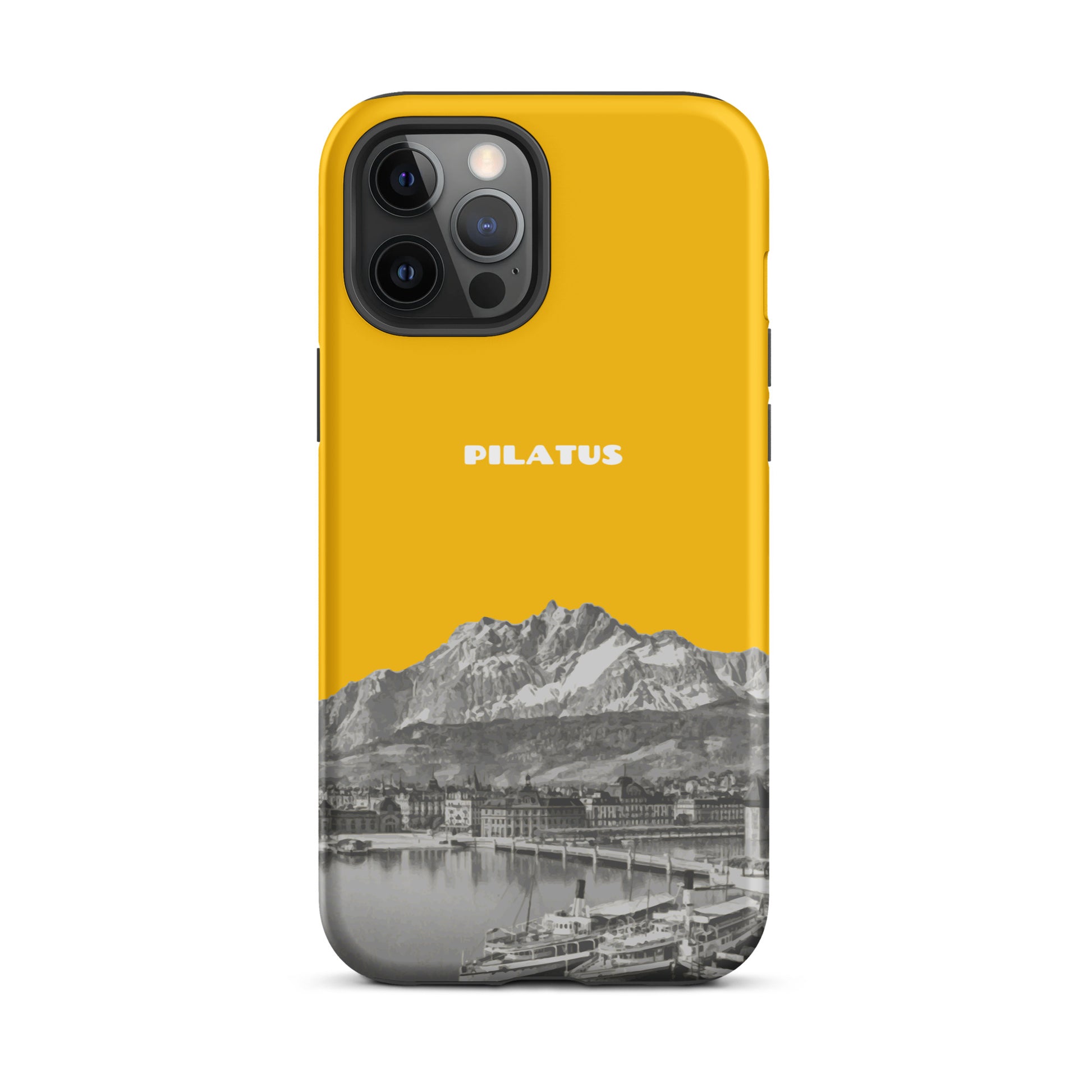Goldgelbe iPhone 12 Pro Max Hülle mit Pilatus-Motiv, Premium-Design, Schutzhülle