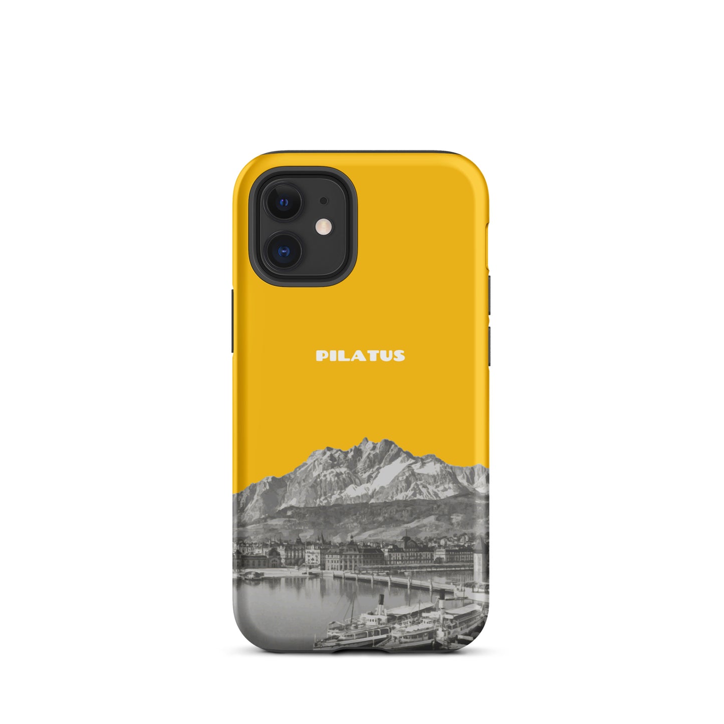 Goldgelbe iPhone 12 mini Handyhülle mit Pilatus-Motiv, schützende Silikonhülle mit Präzisionsausschnitten.