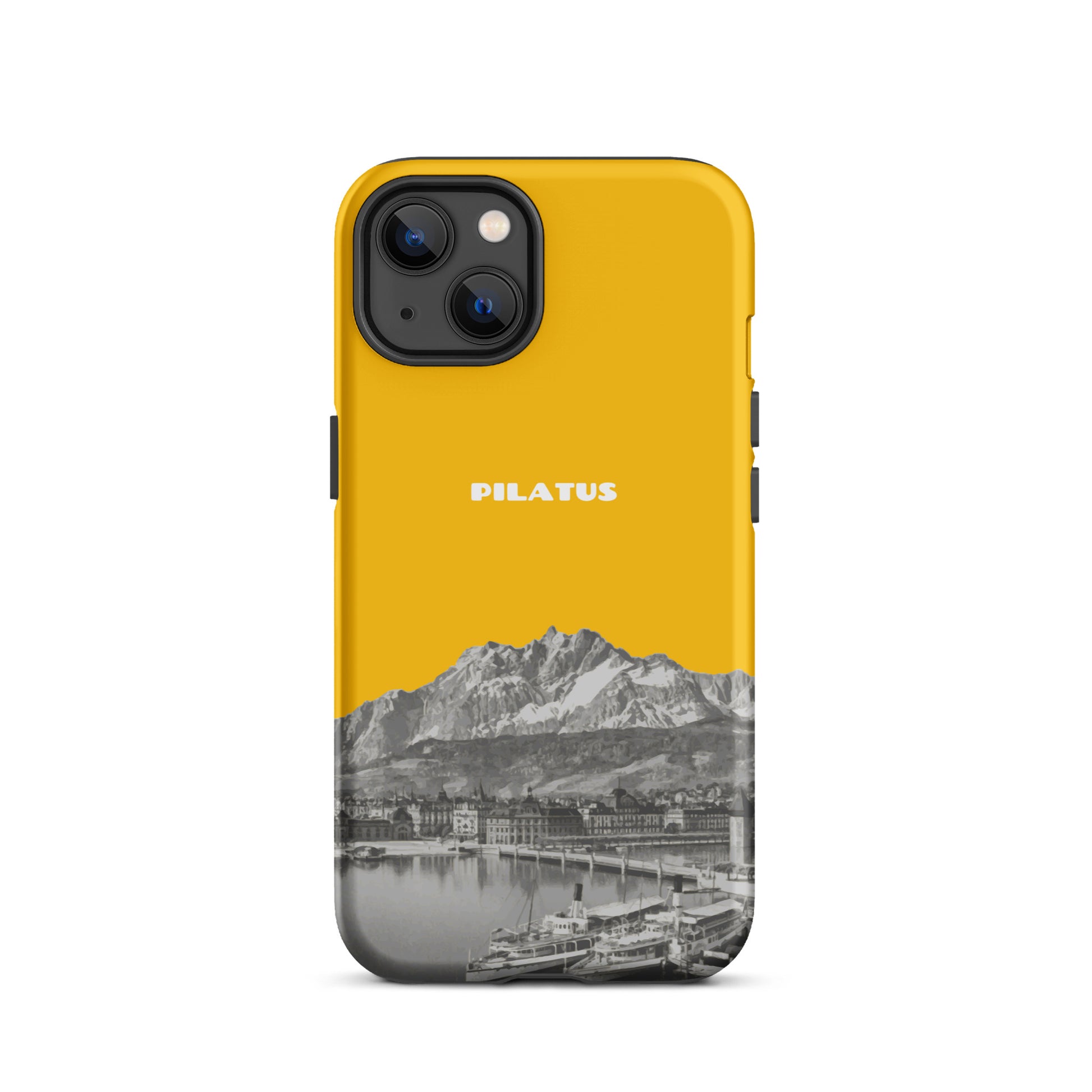 Goldgelbe iPhone 13 Hülle mit Pilatus-Motiv, schützende Silikonhülle