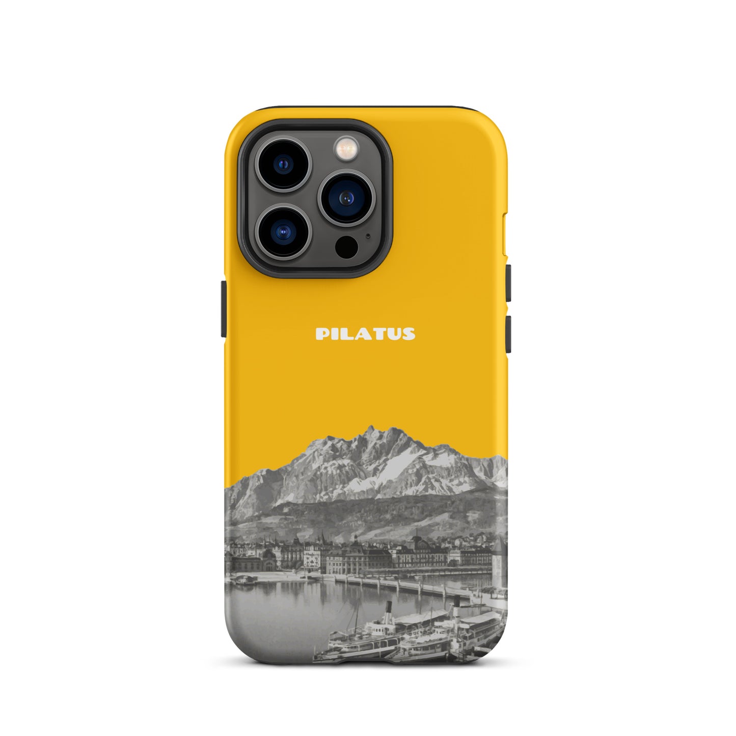 Goldgelbe iPhone 13 Pro Hülle mit Pilatus-Motiv, schützende Silikonhülle