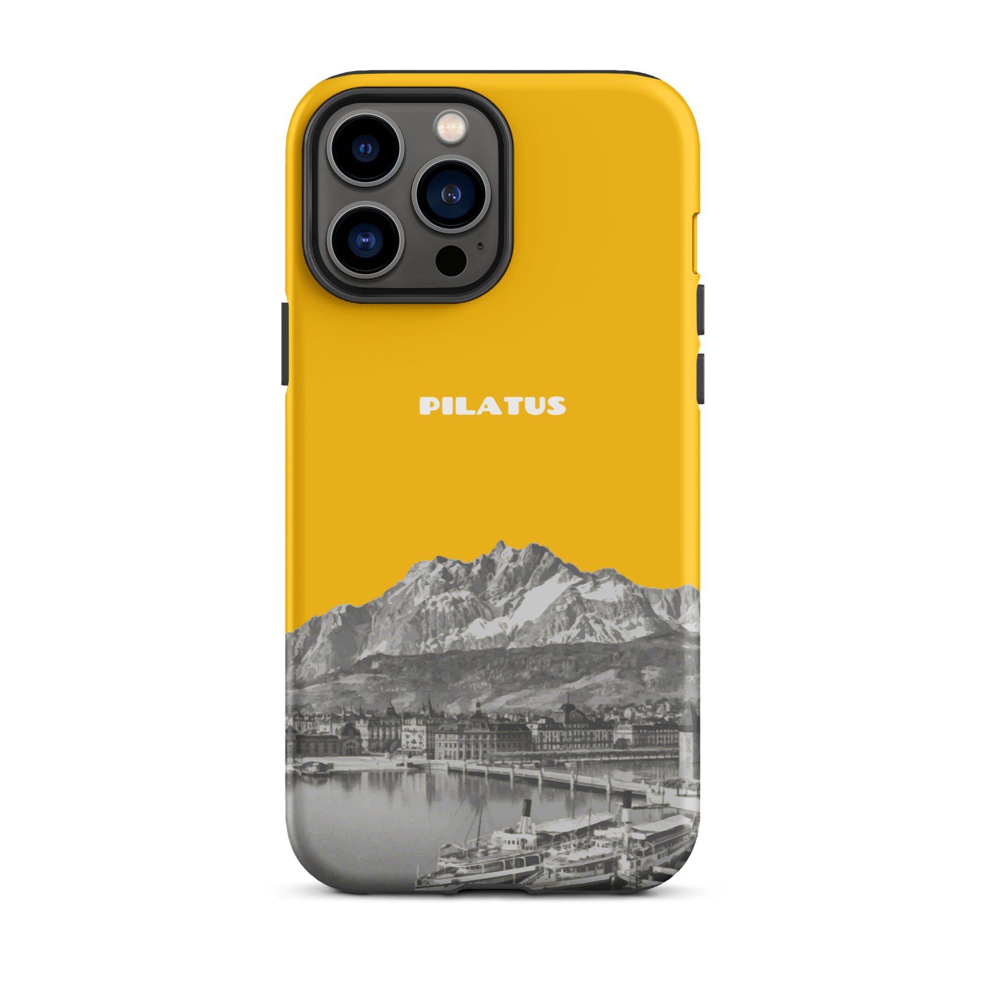 Goldgelbe iPhone 13 Pro Max Hülle mit Pilatus-Design aus robustem Material