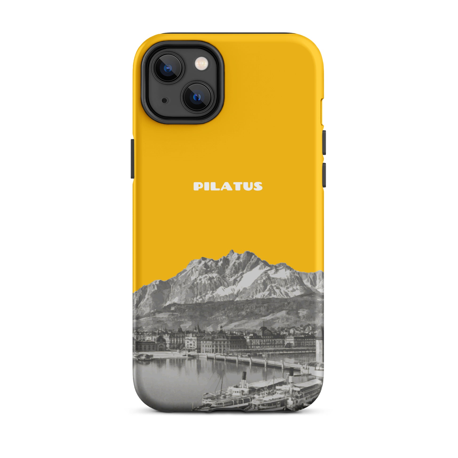 Goldgelbe iPhone 14 Plus Hülle mit Pilatus-Design, schützende Silikonhülle.