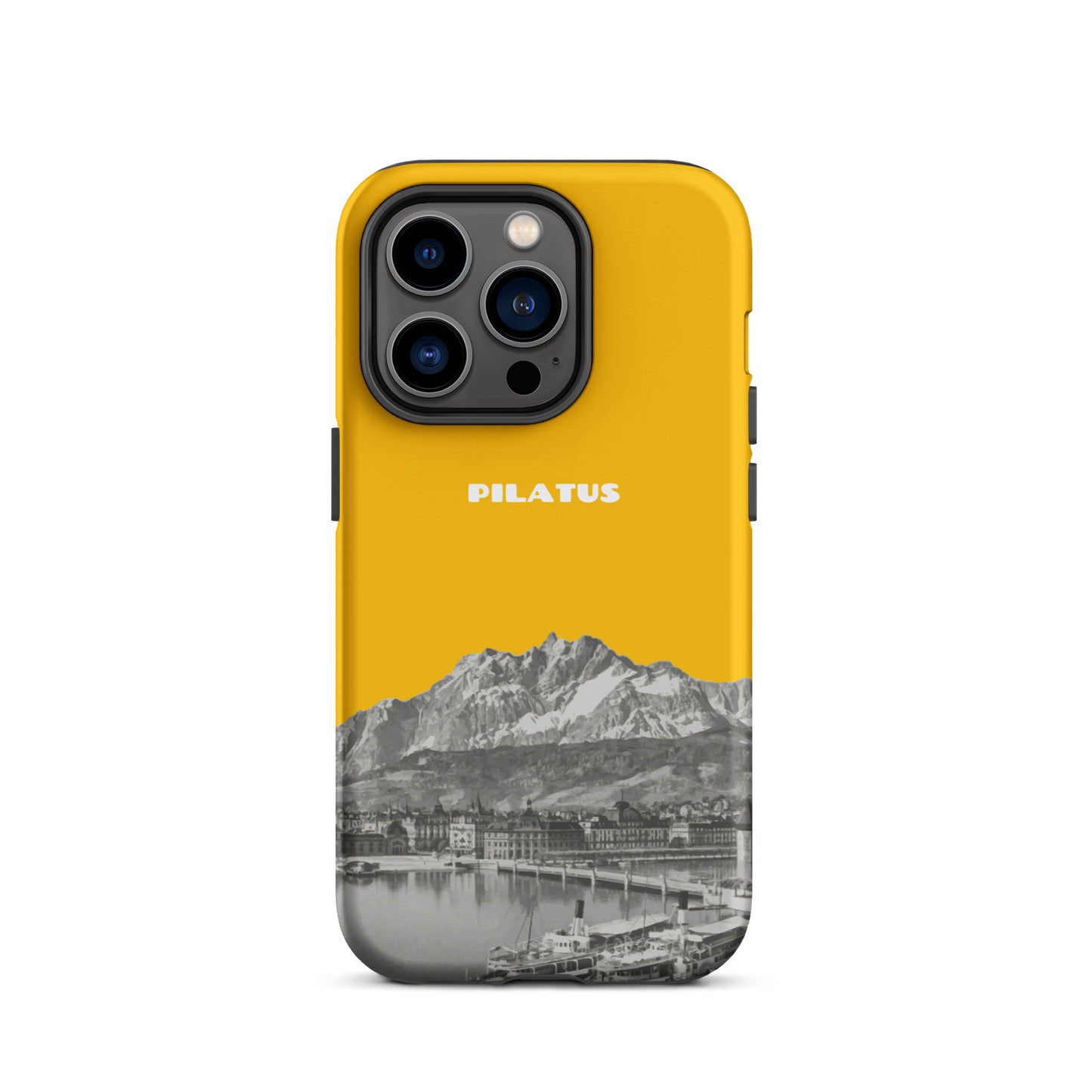 Goldgelbe iPhone 14 Pro Handyhülle mit Pilatus-Motiv aus robustem Material