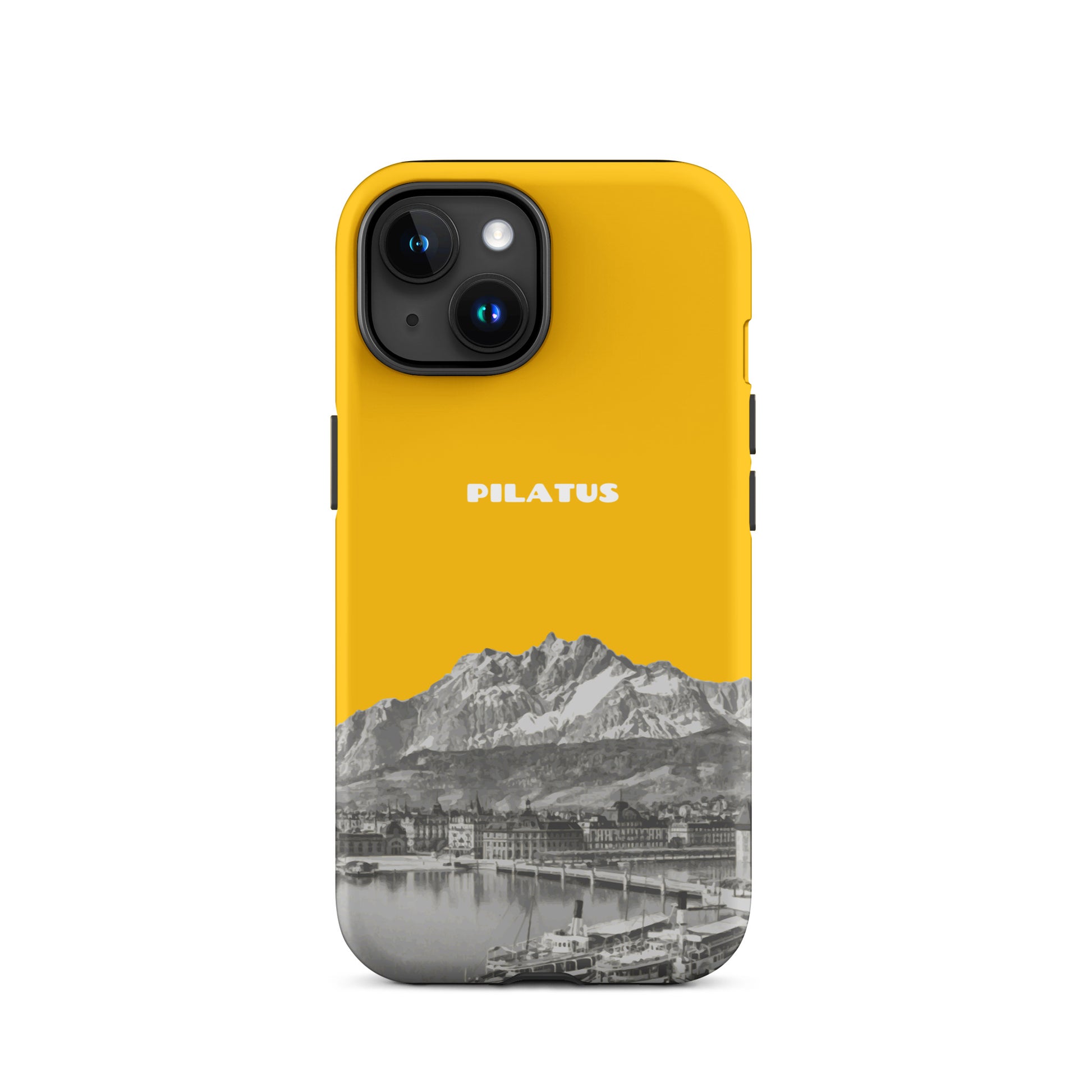 Goldgelbe iPhone 15 Hülle mit Pilatus-Motiv aus strapazierfähigem Kunststoff