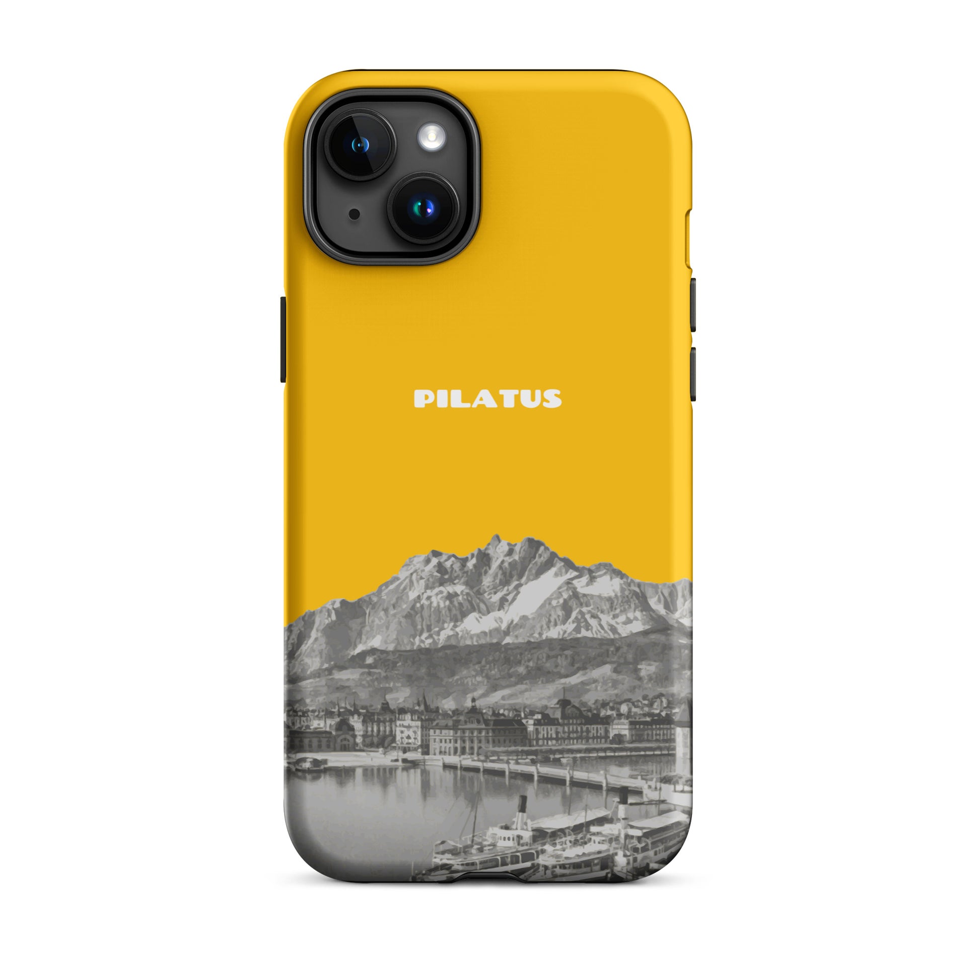 Goldgelbe iPhone 15 Plus Hülle mit Pilatus-Motiv aus robustem Kunststoff