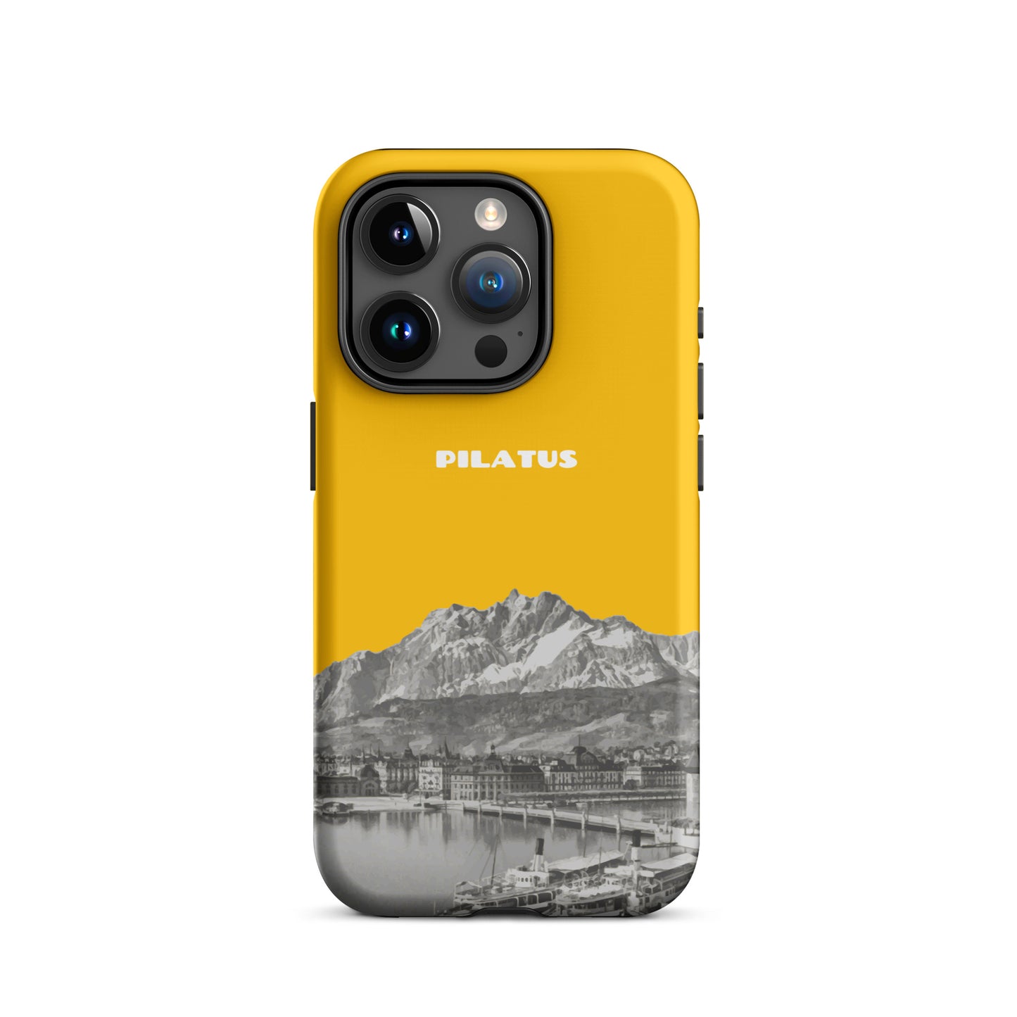 Goldgelbe iPhone 15 Pro Handyhülle mit Pilatus-Motiv aus widerstandsfähigem Material