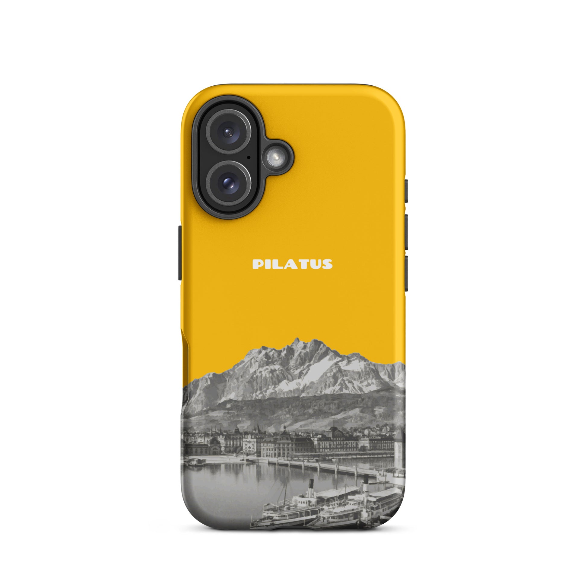 Goldgelbe iPhone 16 Hülle mit Pilatus-Motiv, schützende Silikonhülle.