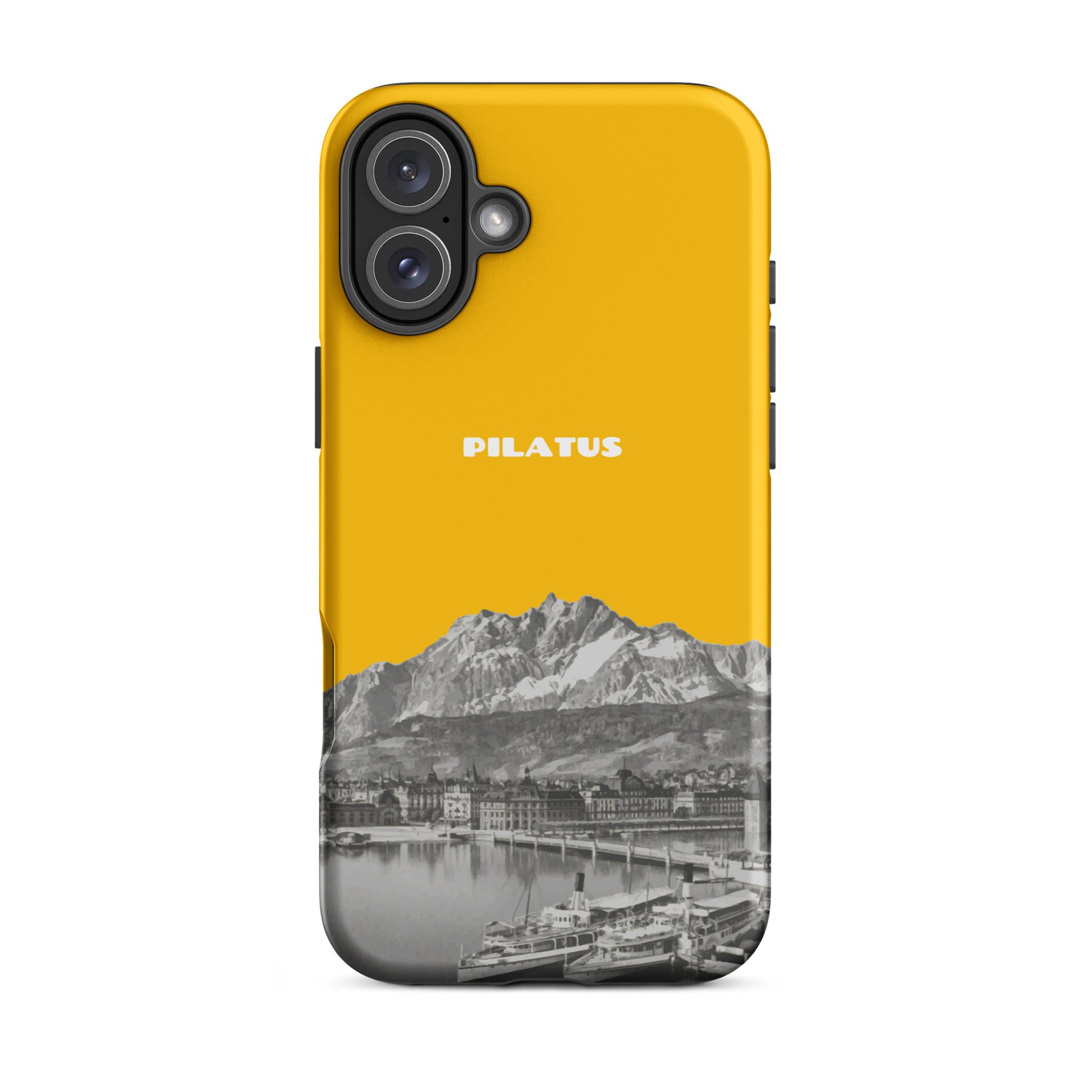 Goldgelbe iPhone 16 Plus Hülle mit Pilatus-Motiv aus robustem Kunststoff