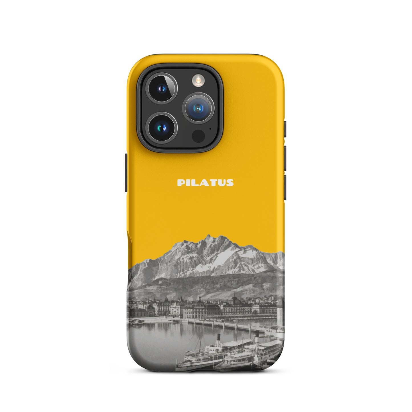 Goldgelbe iPhone 16 Pro Handyhülle mit Pilatus-Design aus hochwertigem Kunststoff.
