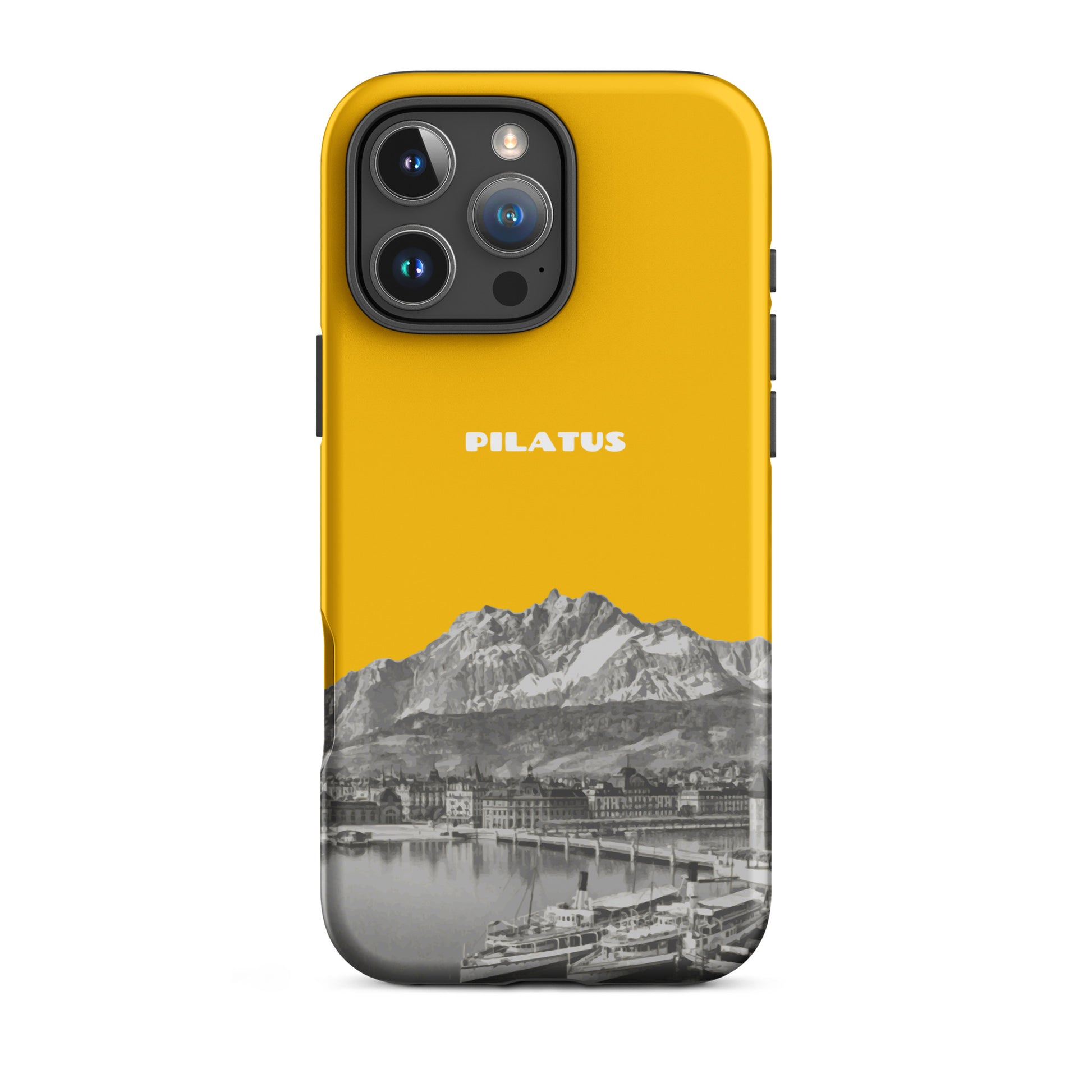 Goldgelbe iPhone 16 Pro Max Hülle mit Pilatus-Motiv, schützende Silikonhülle.