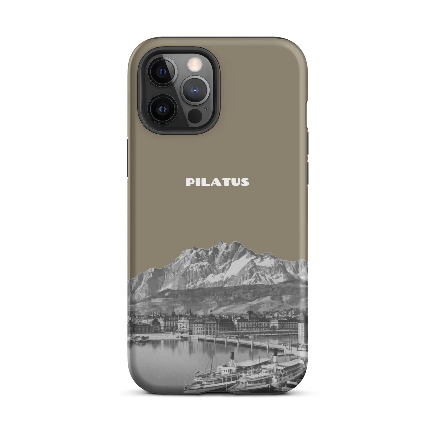 Graubraune iPhone 12 Pro Max Hülle mit Pilatus-Motiv aus robustem Material.