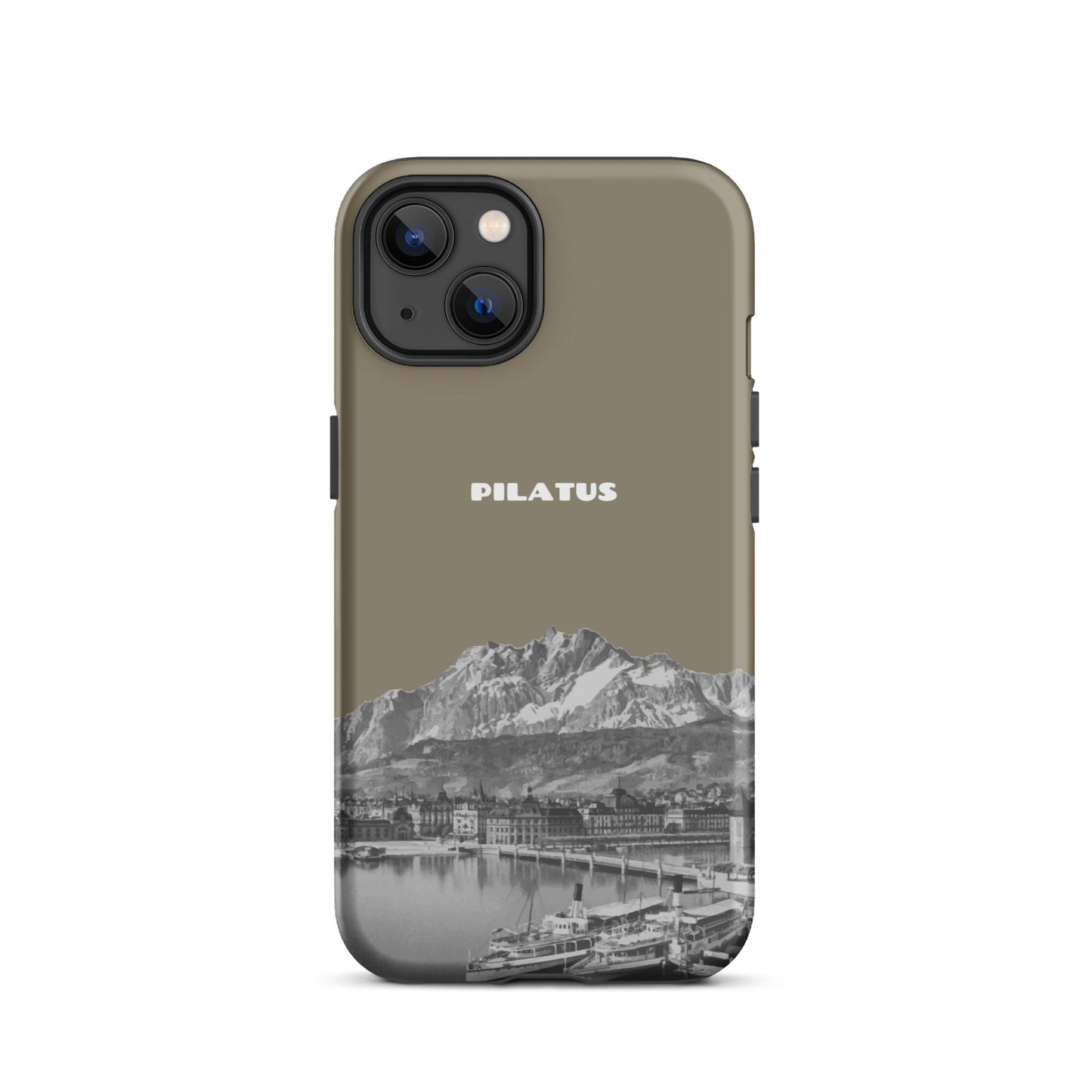 Graubraune iPhone 13 Hülle mit Pilatus-Motiv, robustes Design, präzise Aussparungen.
