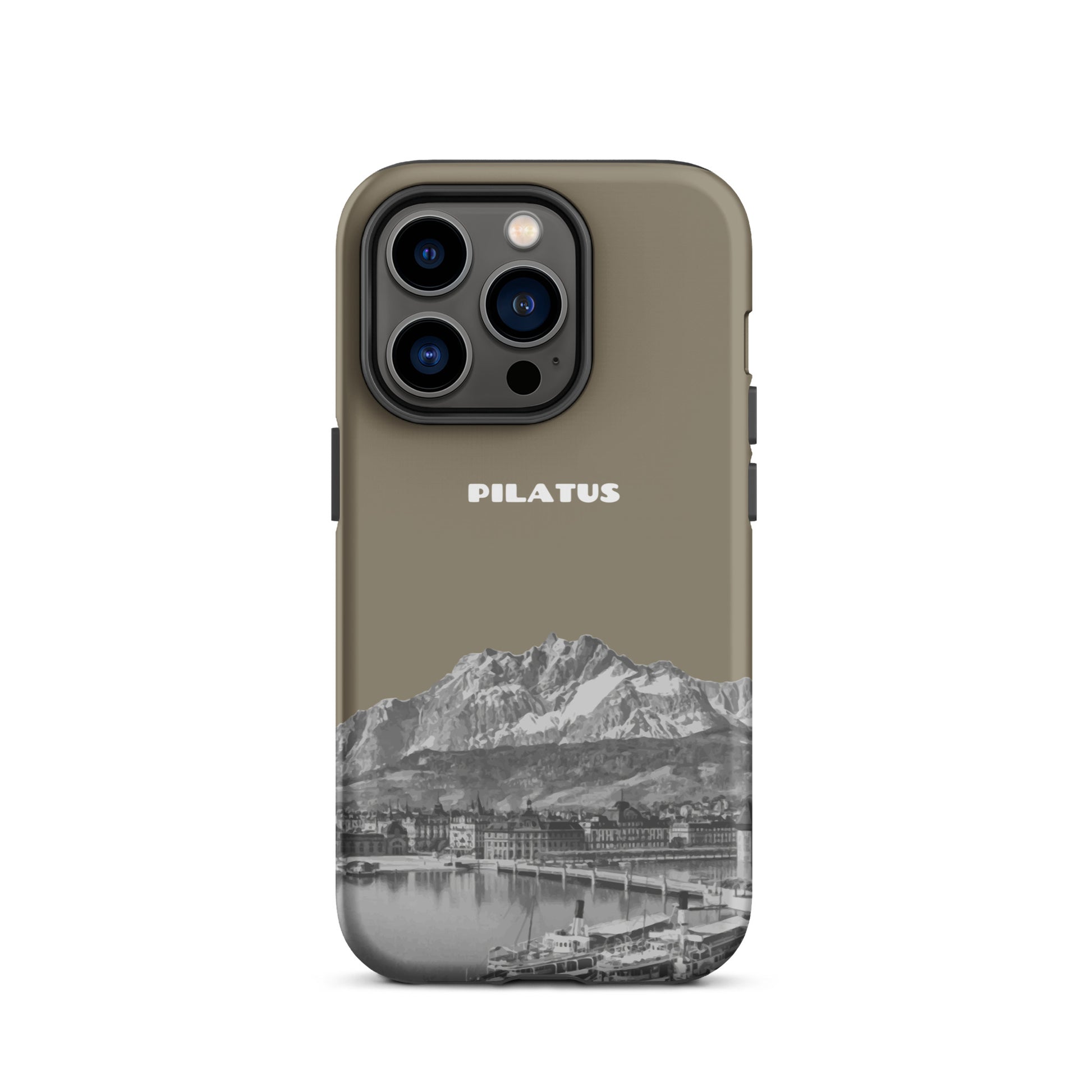 Graubraune iPhone 14 Pro Hülle mit Pilatus-Motiv aus robustem Kunststoff.