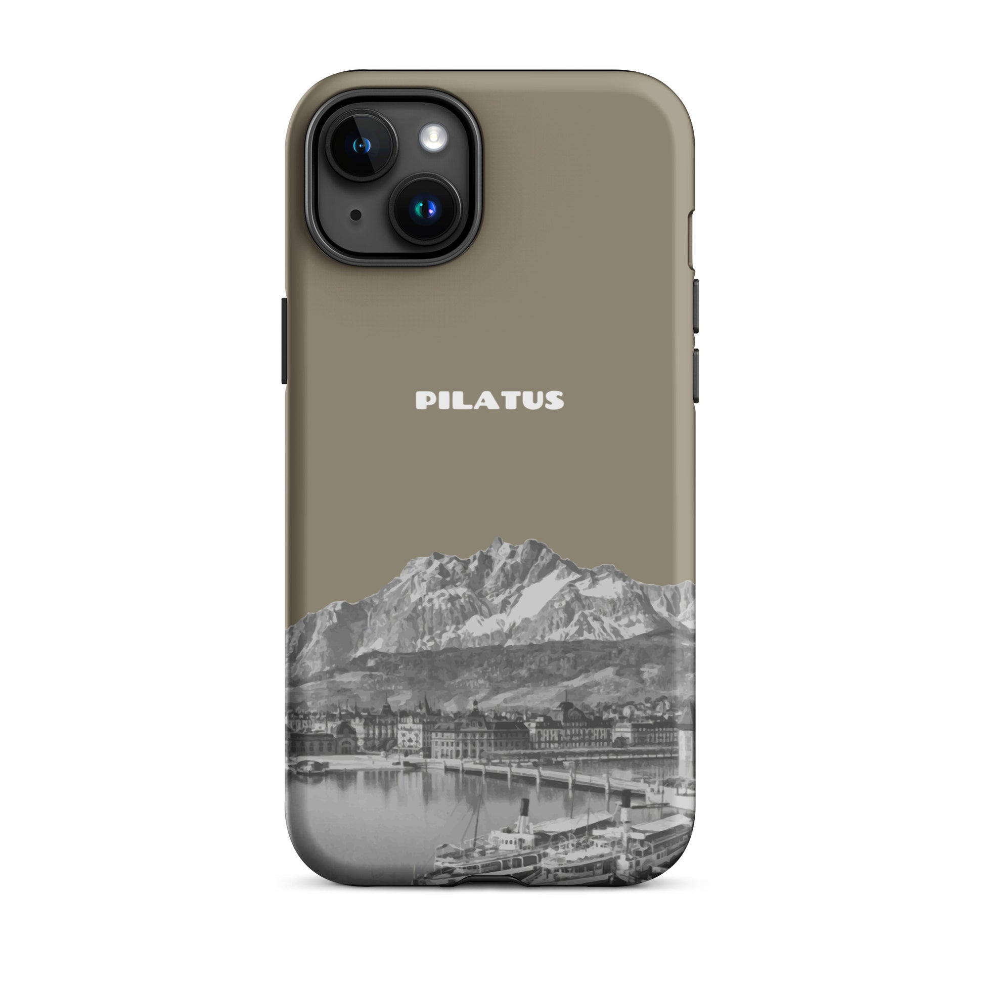 Handyhülle Pilatus in Graubraun aus Leder für Apple iPhone 15 Plus