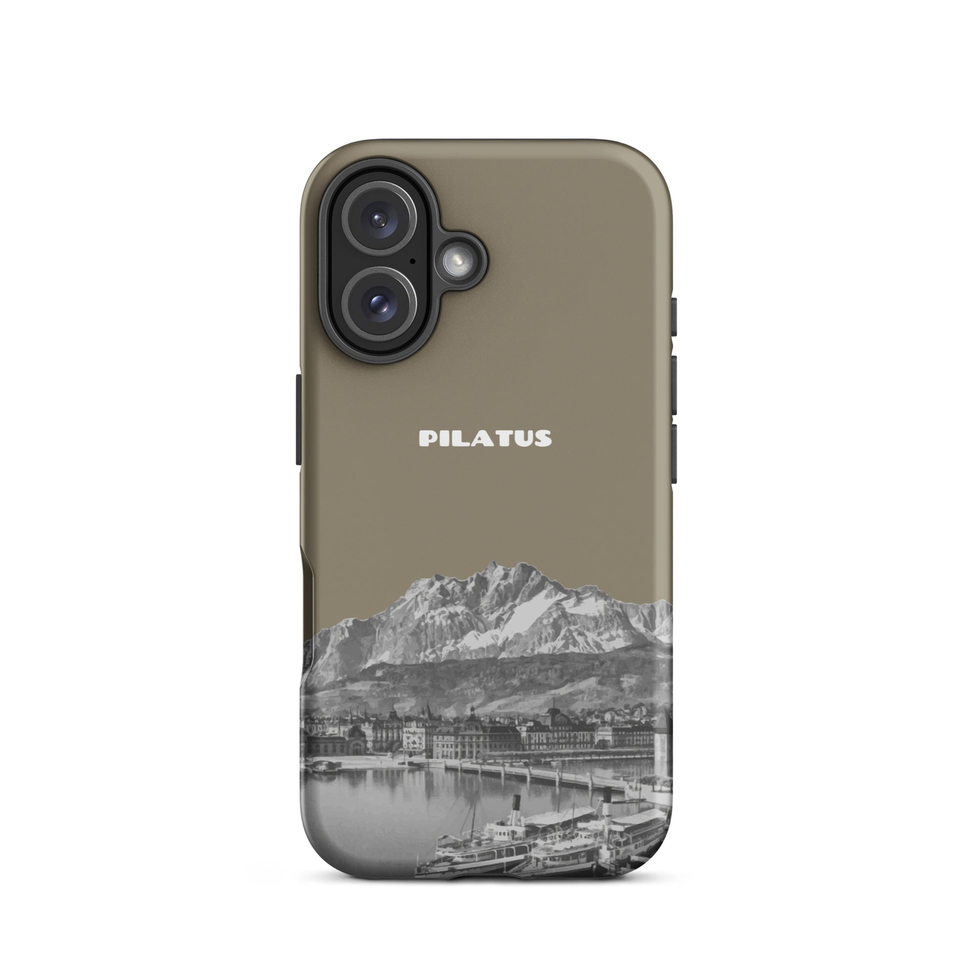 Schützende iPhone 16 Hülle in Graubraun mit Pilatus-Motiv, robustes Design für Apple Geräte