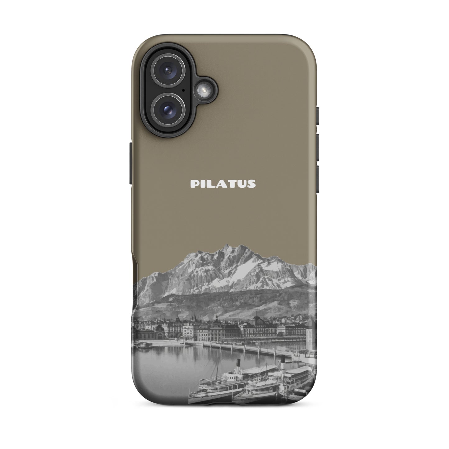 iPhone 16 Plus Hülle 'Pilatus' in Graubraun, robustes Design mit Bergmotiv für optimalen Schutz