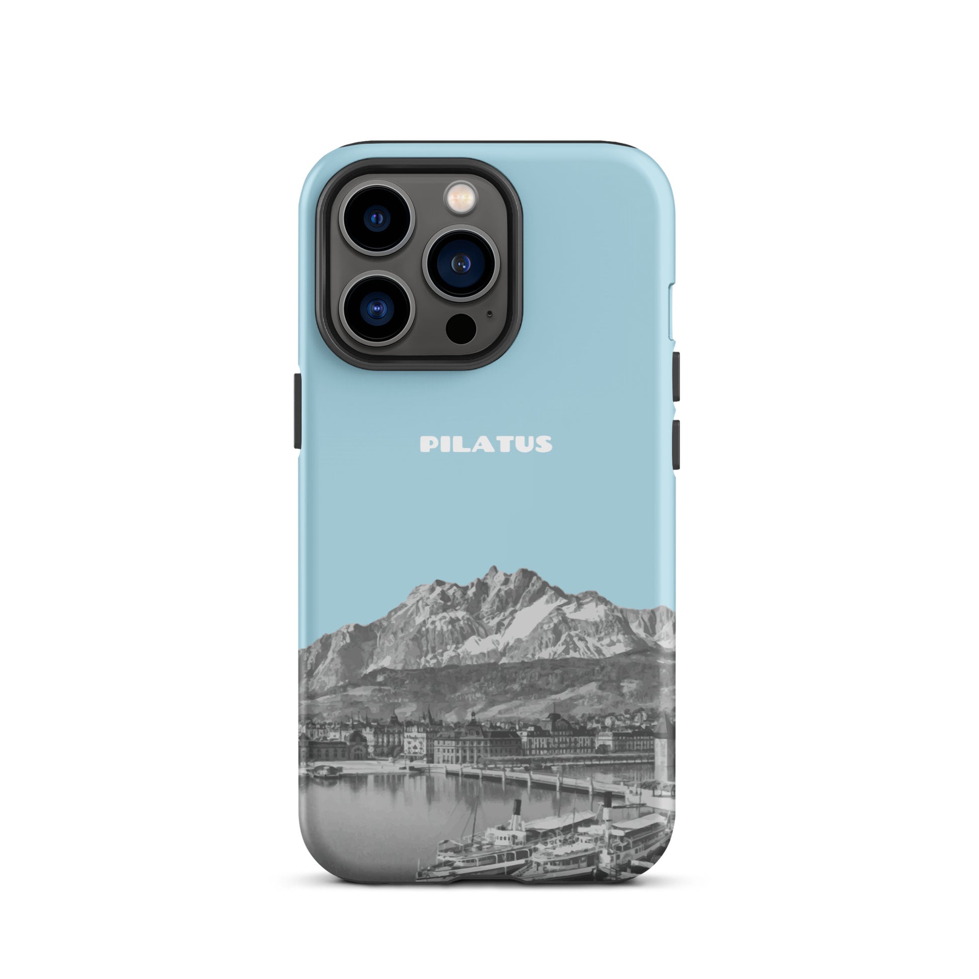 iPhone 13 Pro Hülle in Hellblau mit Pilatus-Motiv, stoßfestes Silikon, präzise Aussparungen.