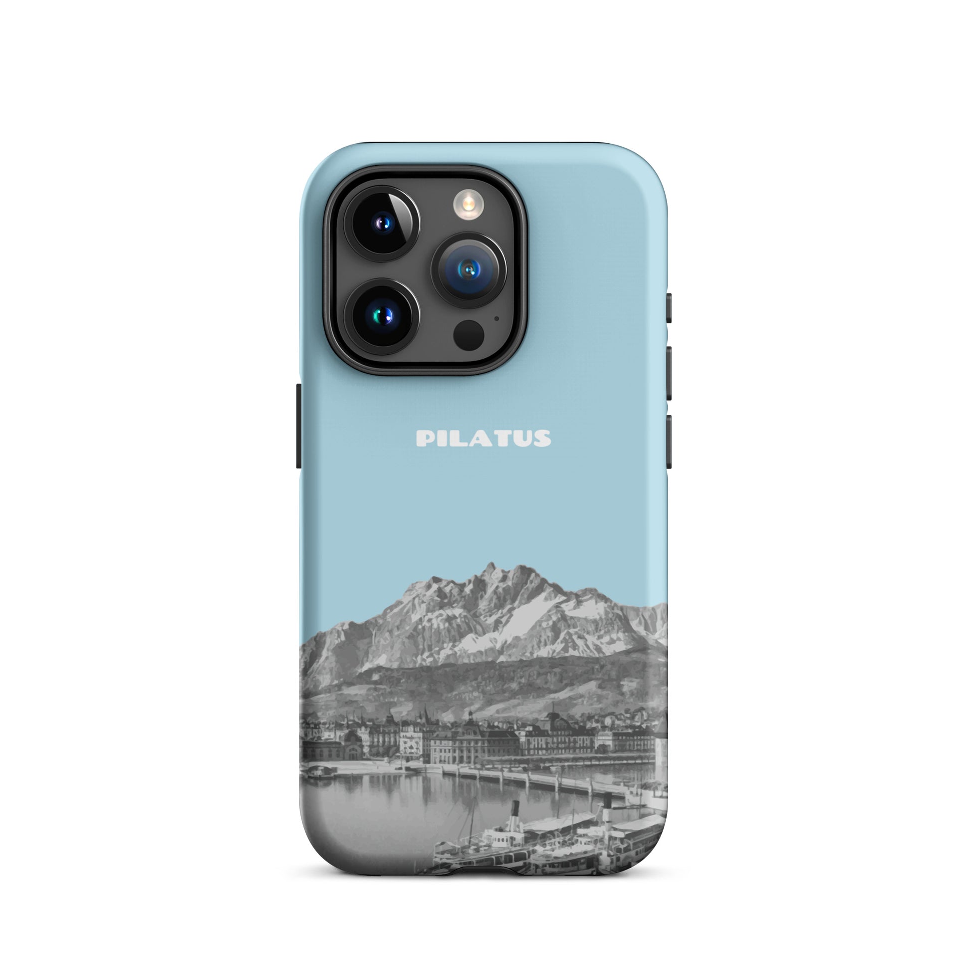Hellblaue Handyhülle mit Pilatus-Motiv für Apple iPhone 15 Pro, schützende Silikonhülle
