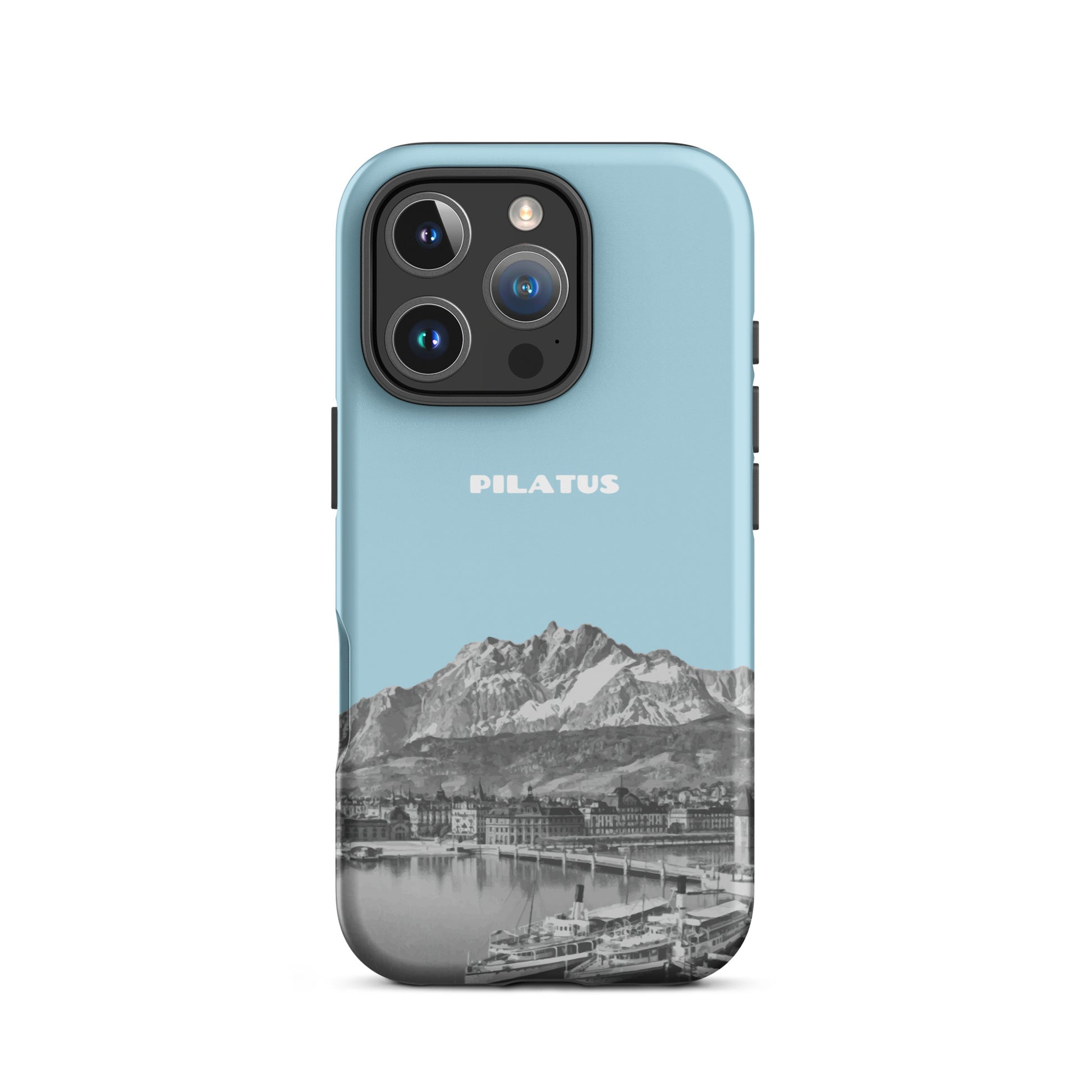 Hellblaue iPhone 16 Pro Handyhülle mit Pilatus-Motiv aus robustem Kunststoff