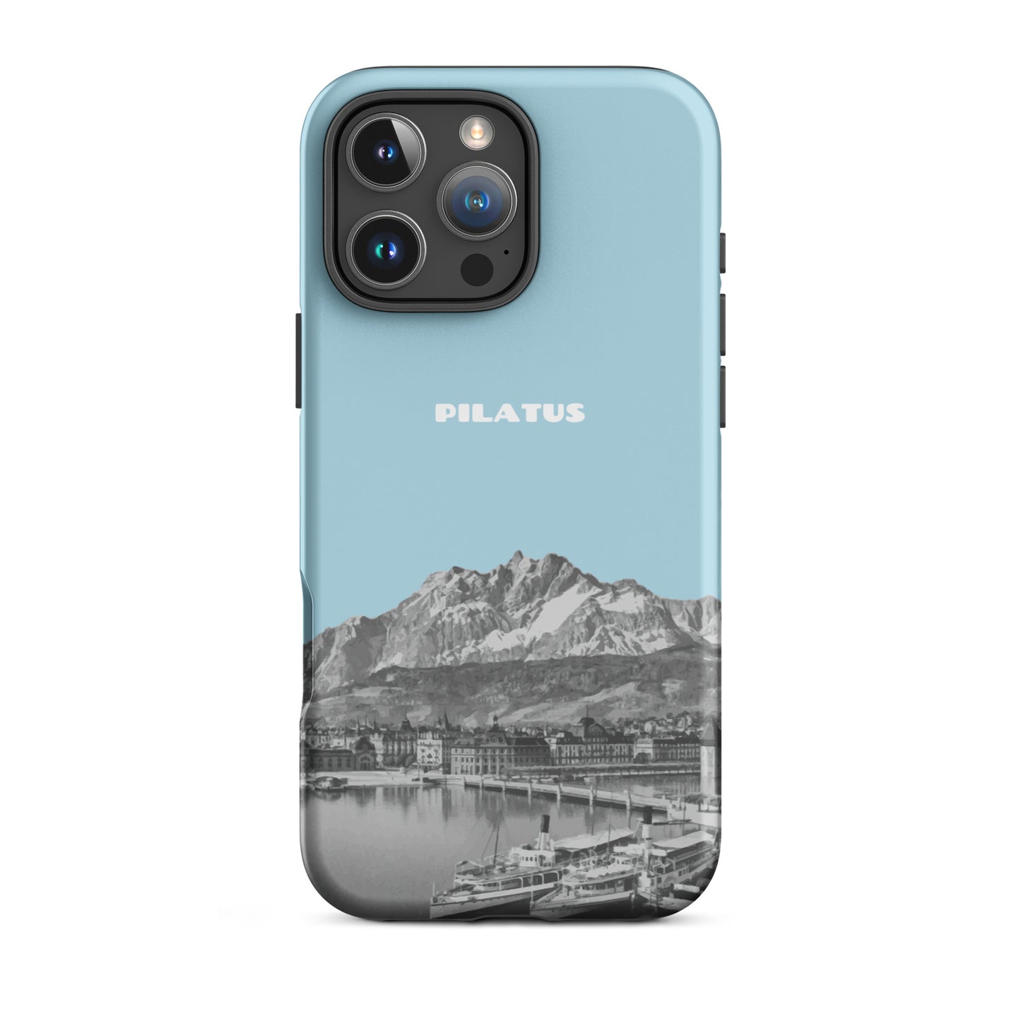 Hellblaue iPhone 16 Pro Max Hülle mit Pilatus-Motiv aus robustem Kunststoff.