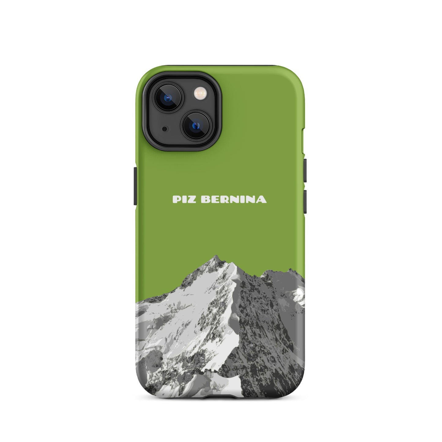 Hülle für das iPhone 14 von Apple in der Farbe Gelbgrün, dass den Piz Bernina in Graubünden zeigt.