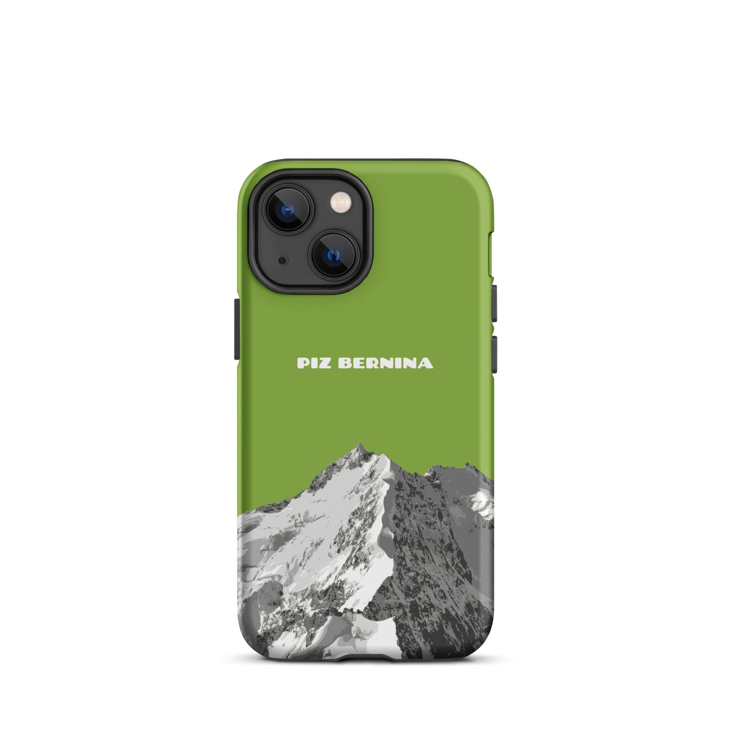 Hülle für das iPhone 13 Mini von Apple in der Farbe Gelbgrün, dass den Piz Bernina in Graubünden zeigt.