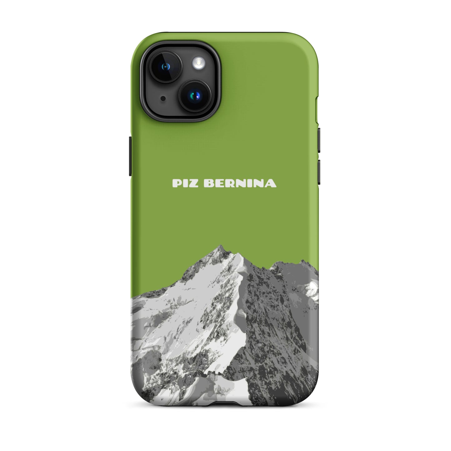 Hülle für das iPhone 15 Plus von Apple in der Farbe Gelbgrün, dass den Piz Bernina in Graubünden zeigt.