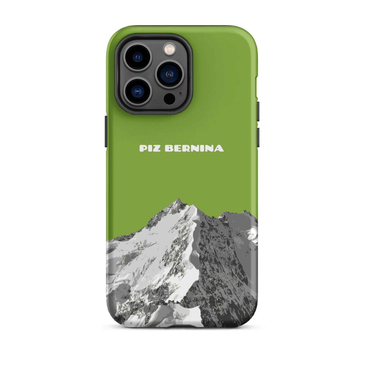Hülle für das iPhone 14 Pro Max von Apple in der Farbe Gelbgrün, dass den Piz Bernina in Graubünden zeigt.
