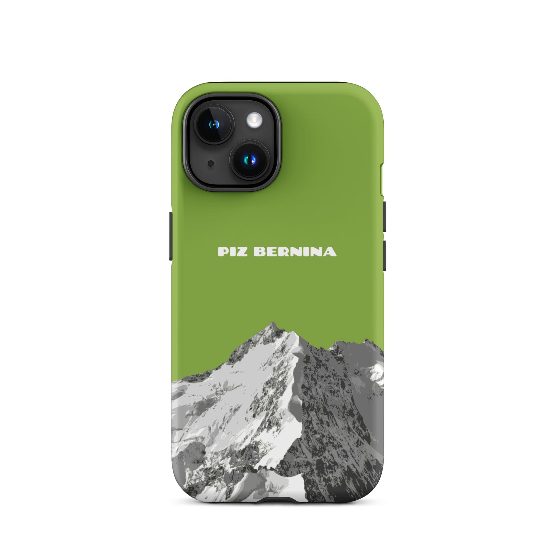 Hülle für das iPhone 15 von Apple in der Farbe Gelbgrün, dass den Piz Bernina in Graubünden zeigt.