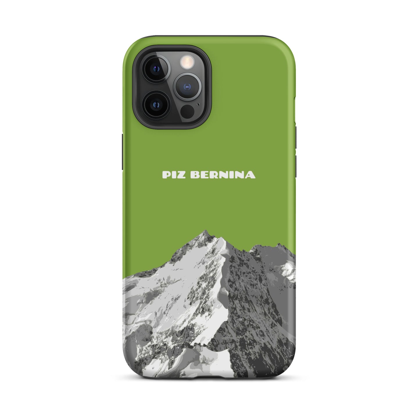 Hülle für das iPhone 12 Pro Max von Apple in der Farbe Gelbgrün, dass den Piz Bernina in Graubünden zeigt.