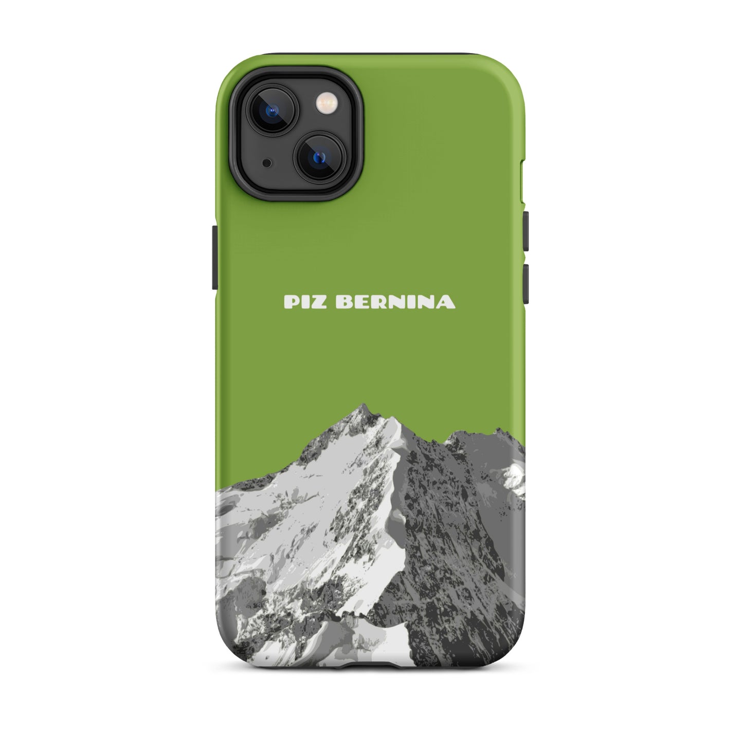 Hülle für das iPhone 14 Plus von Apple in der Farbe Gelbgrün, dass den Piz Bernina in Graubünden zeigt.