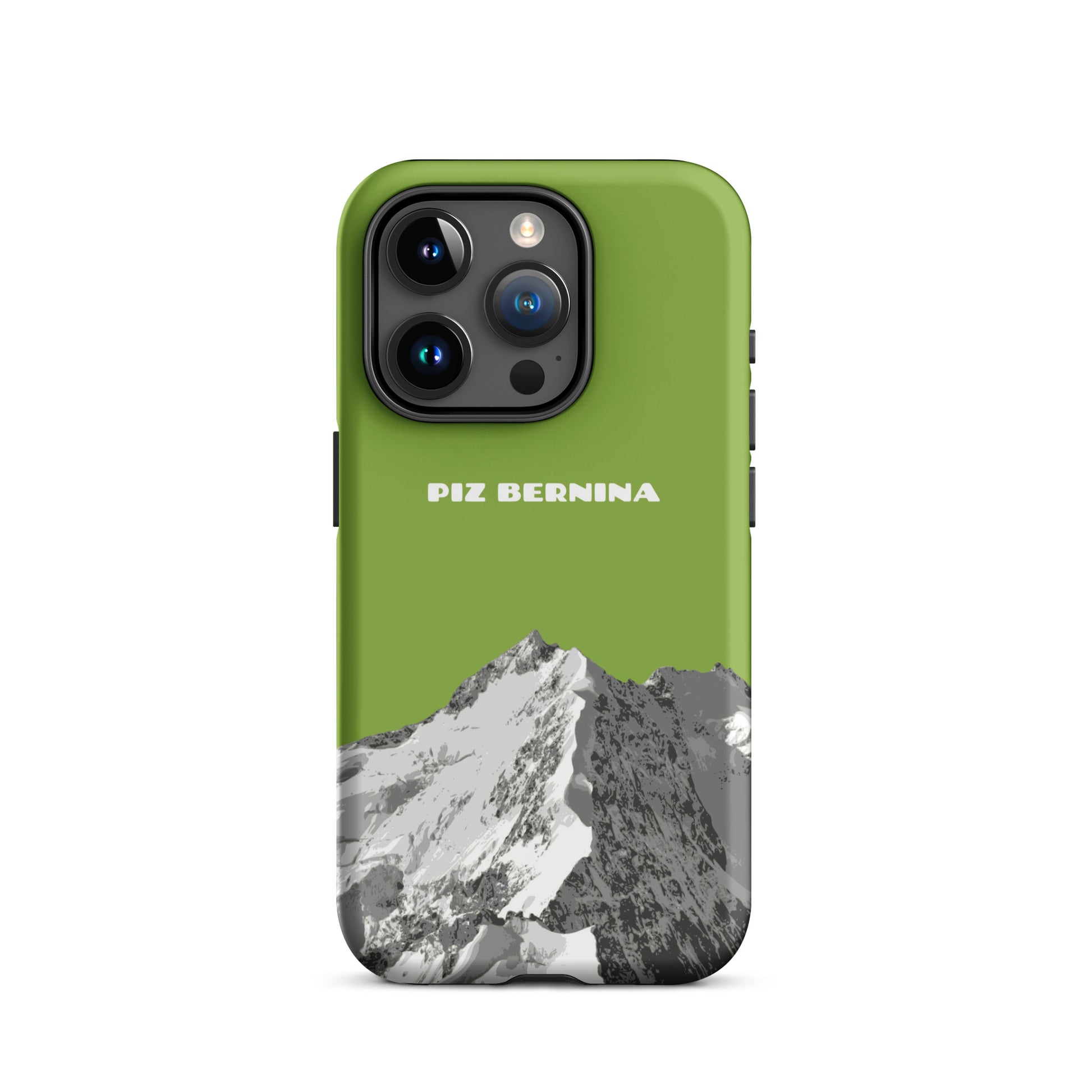 Hülle für das iPhone 15 Pro von Apple in der Farbe Gelbgrün, dass den Piz Bernina in Graubünden zeigt.