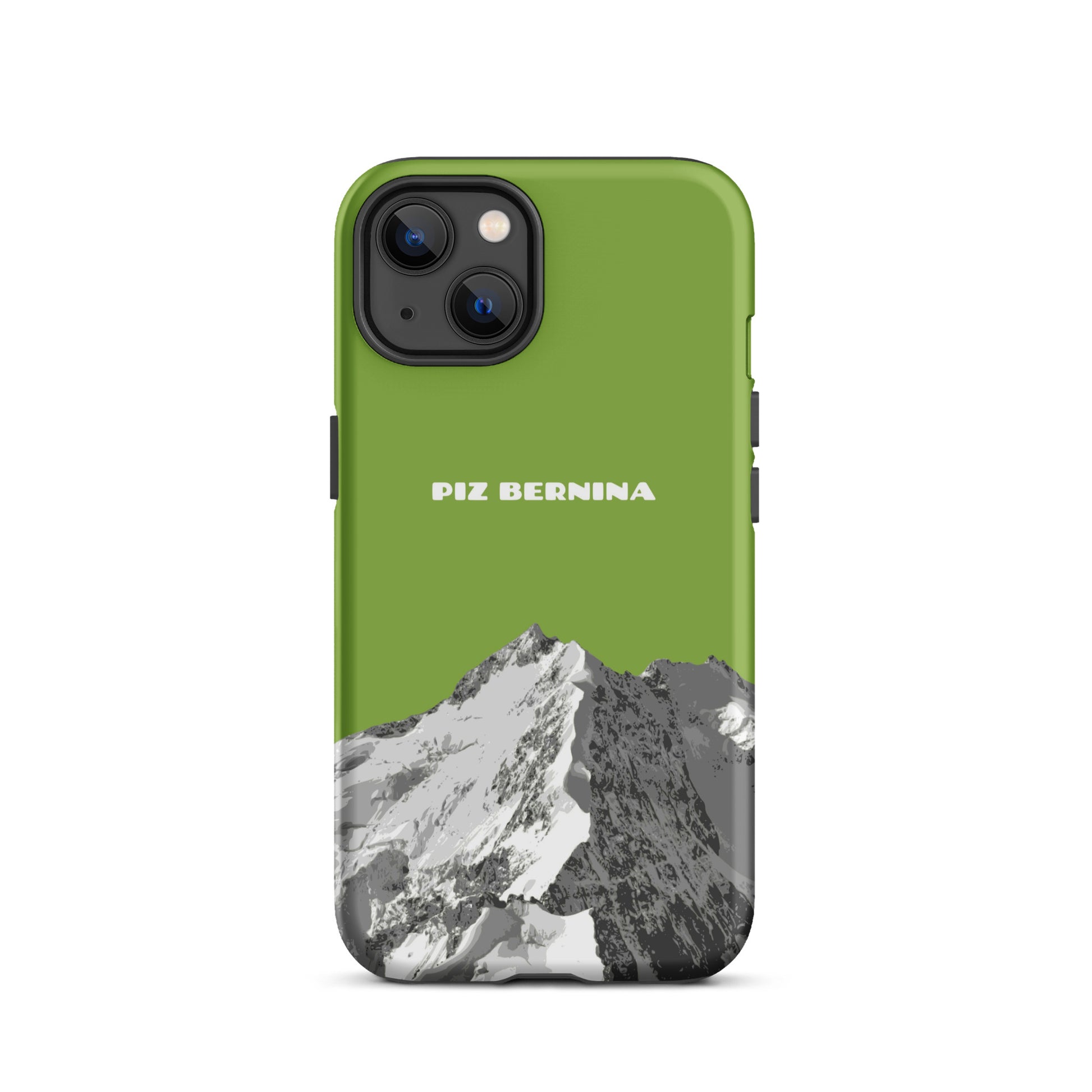 Hülle für das iPhone 13 von Apple in der Farbe Gelbgrün, dass den Piz Bernina in Graubünden zeigt.
