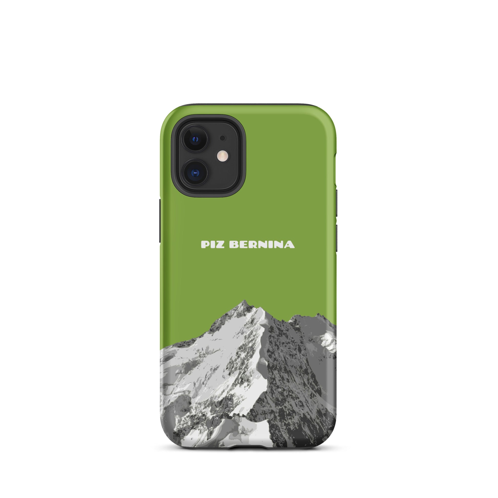 Hülle für das iPhone 12 Mini von Apple in der Farbe Gelbgrün, dass den Piz Bernina in Graubünden zeigt.