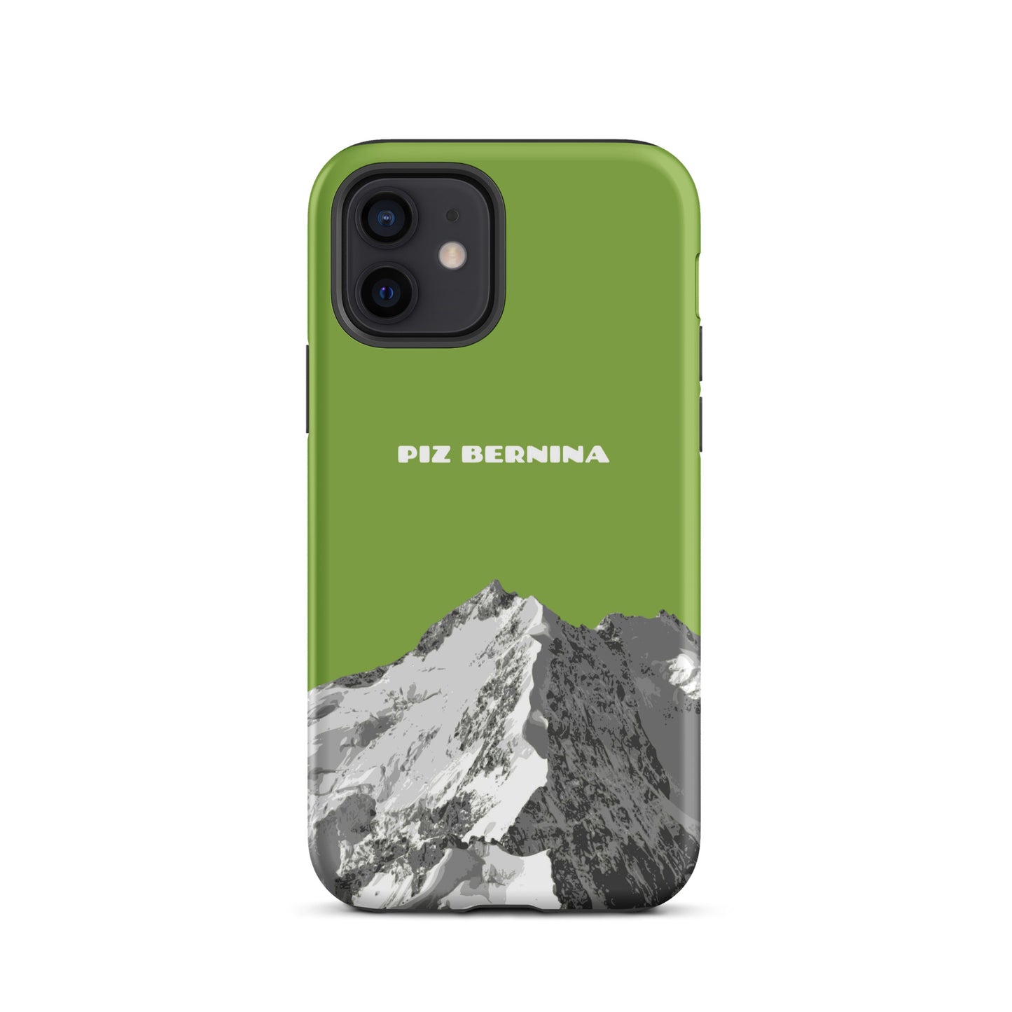 Hülle für das iPhone 12 von Apple in der Farbe Gelbgrün, dass den Piz Bernina in Graubünden zeigt.