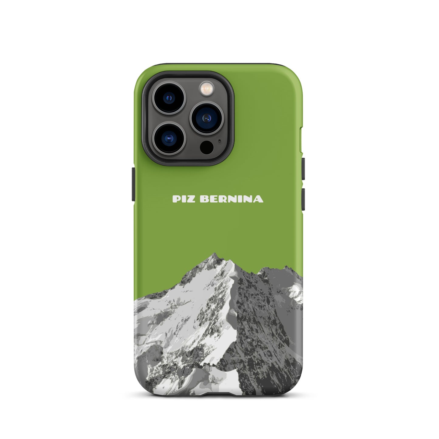 Hülle für das iPhone 13 Pro von Apple in der Farbe Gelbgrün, dass den Piz Bernina in Graubünden zeigt.