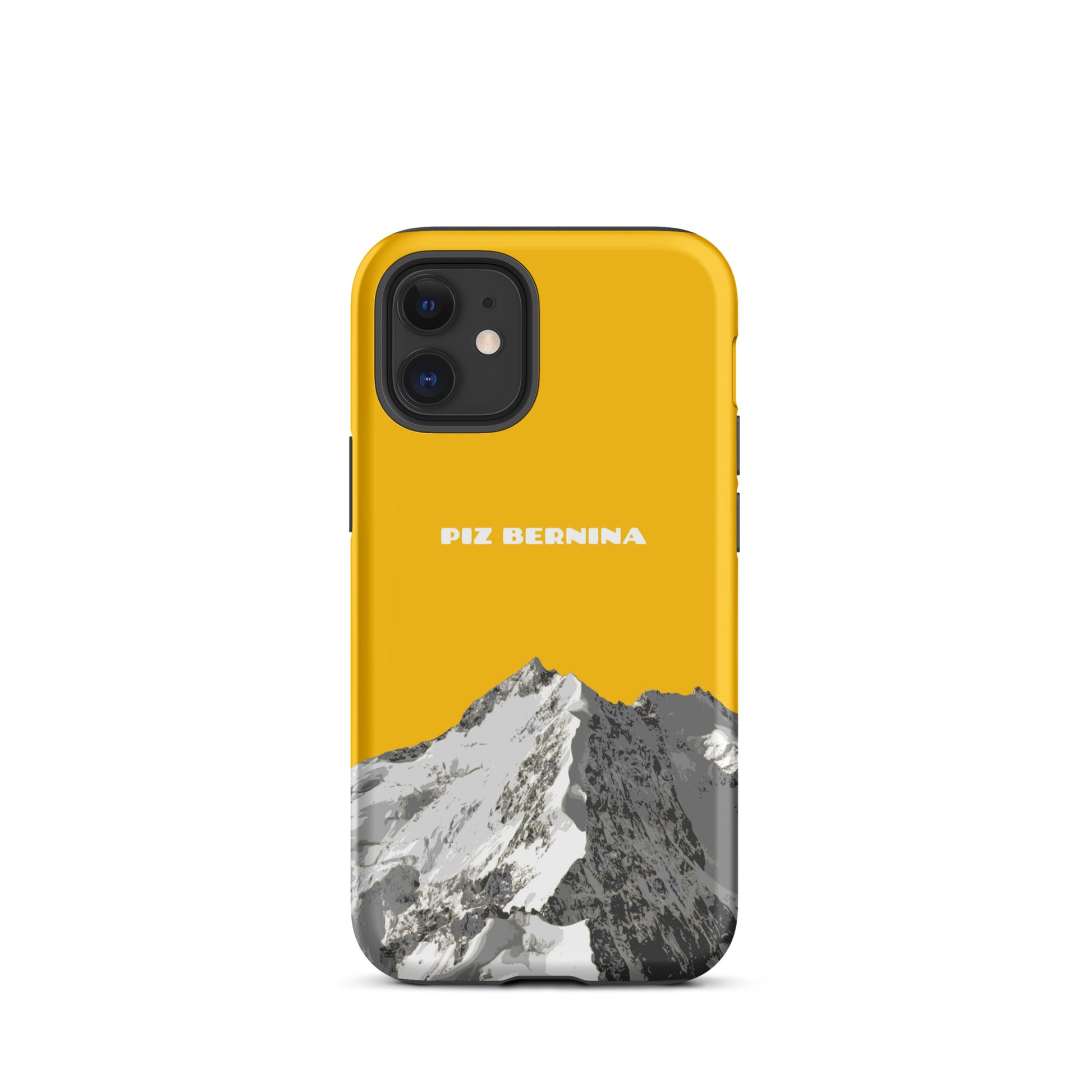 Hülle für das iPhone 12 Mini von Apple in der Farbe Goldgelb, dass den Piz Bernina in Graubünden zeigt.