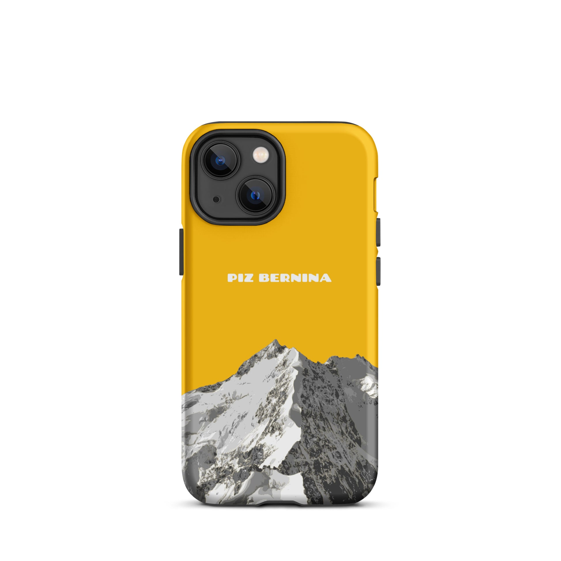 Hülle für das iPhone 13 Mini von Apple in der Farbe Goldgelb, dass den Piz Bernina in Graubünden zeigt.