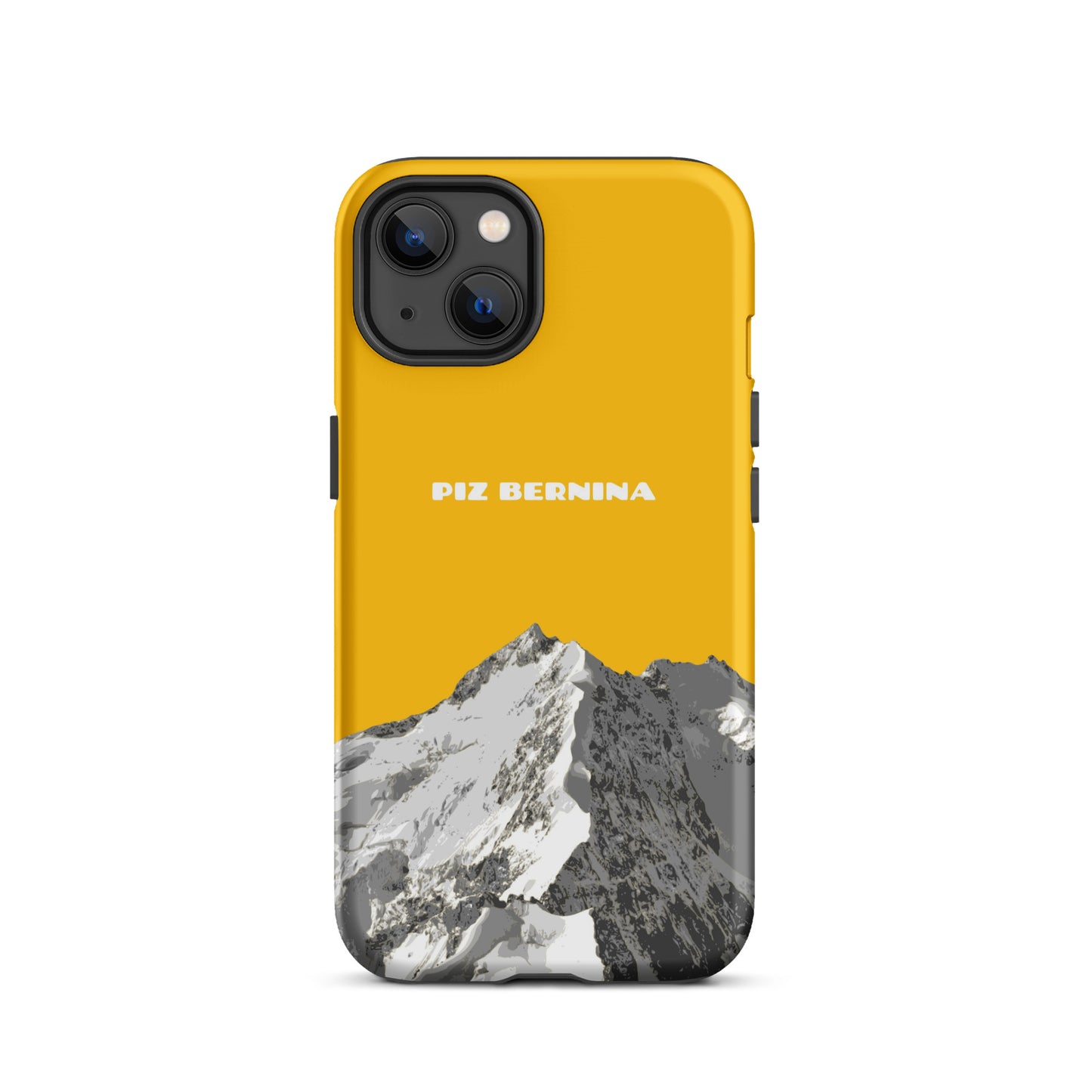 Hülle für das iPhone 13 von Apple in der Farbe Goldgelb, dass den Piz Bernina in Graubünden zeigt.