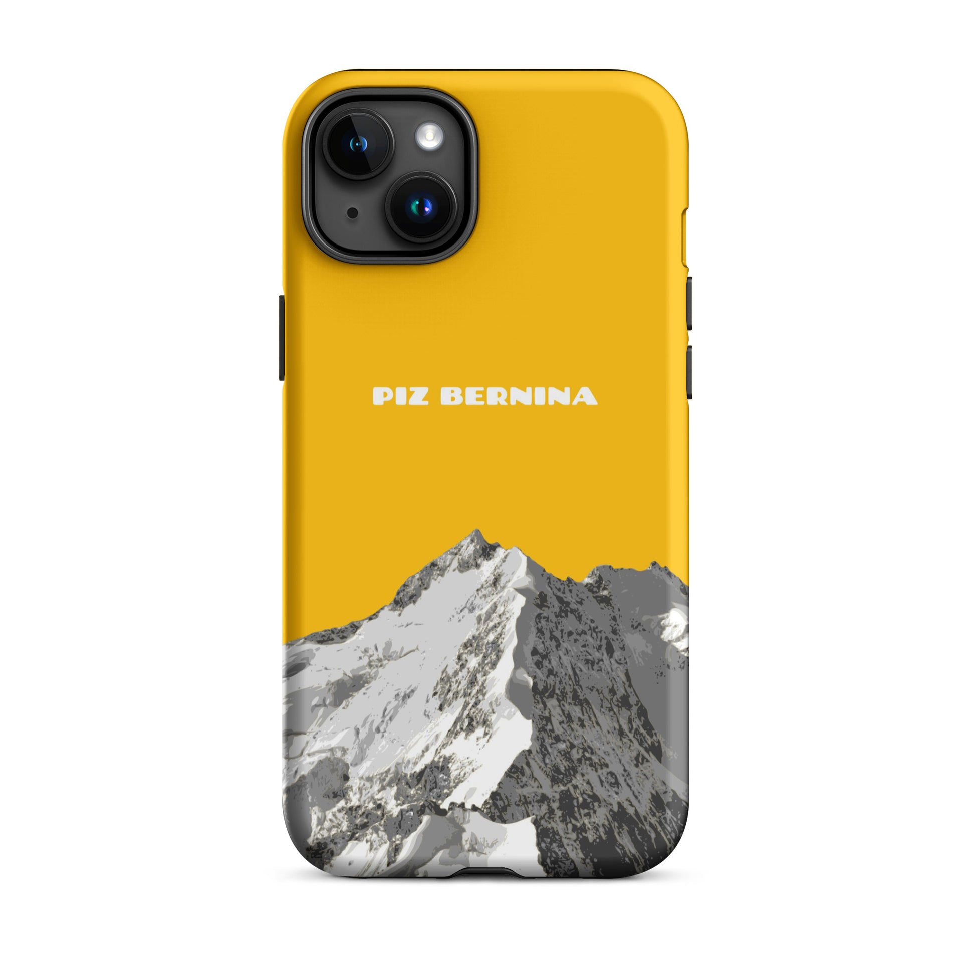 Hülle für das iPhone 15 Plus von Apple in der Farbe Goldgelb, dass den Piz Bernina in Graubünden zeigt.