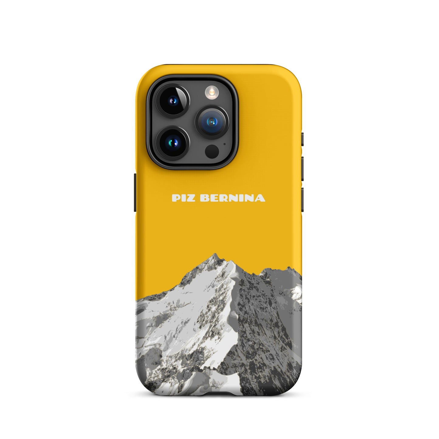 Hülle für das iPhone 15 Pro von Apple in der Farbe Goldgelb, dass den Piz Bernina in Graubünden zeigt.