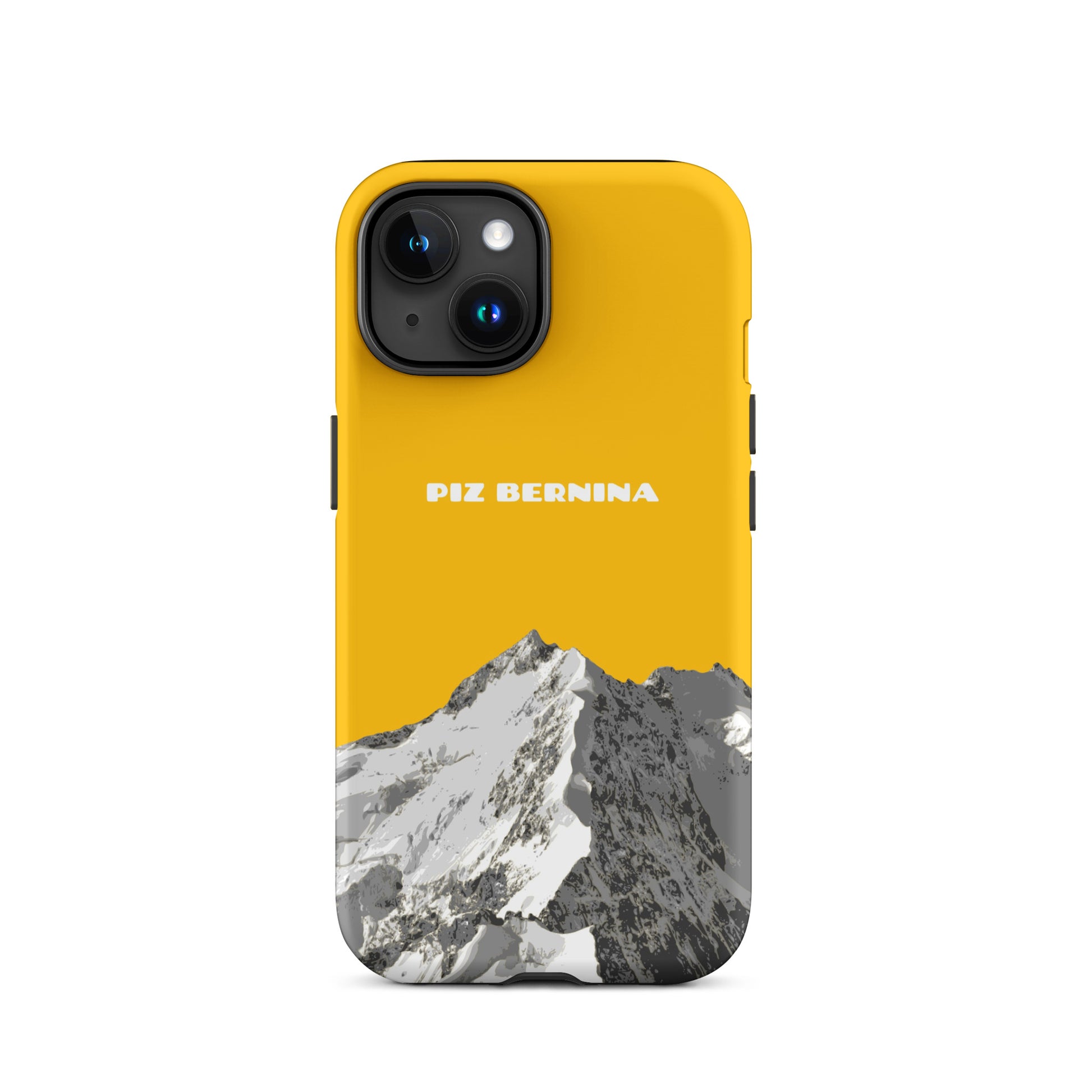 Hülle für das iPhone 15 von Apple in der Farbe Goldgelb, dass den Piz Bernina in Graubünden zeigt.