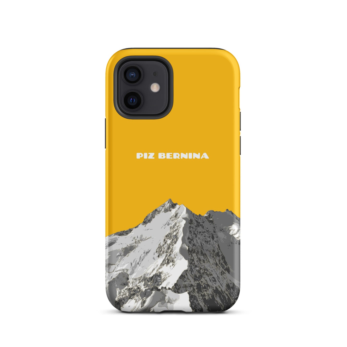 Hülle für das iPhone 15 Plus von Apple in der Farbe Goldgelb, dass den Piz Bernina in Graubünden zeigt.